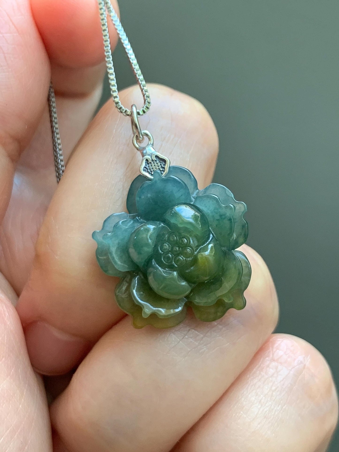 Natural Grade A Guatemalan Icy Dark Dusty Blue Yellow Marbled bicolored Jade Jadeite Lotus Flower Pendant Sterling Silver 天然冰危蓝黄翡翠莲花吊坠MSL132