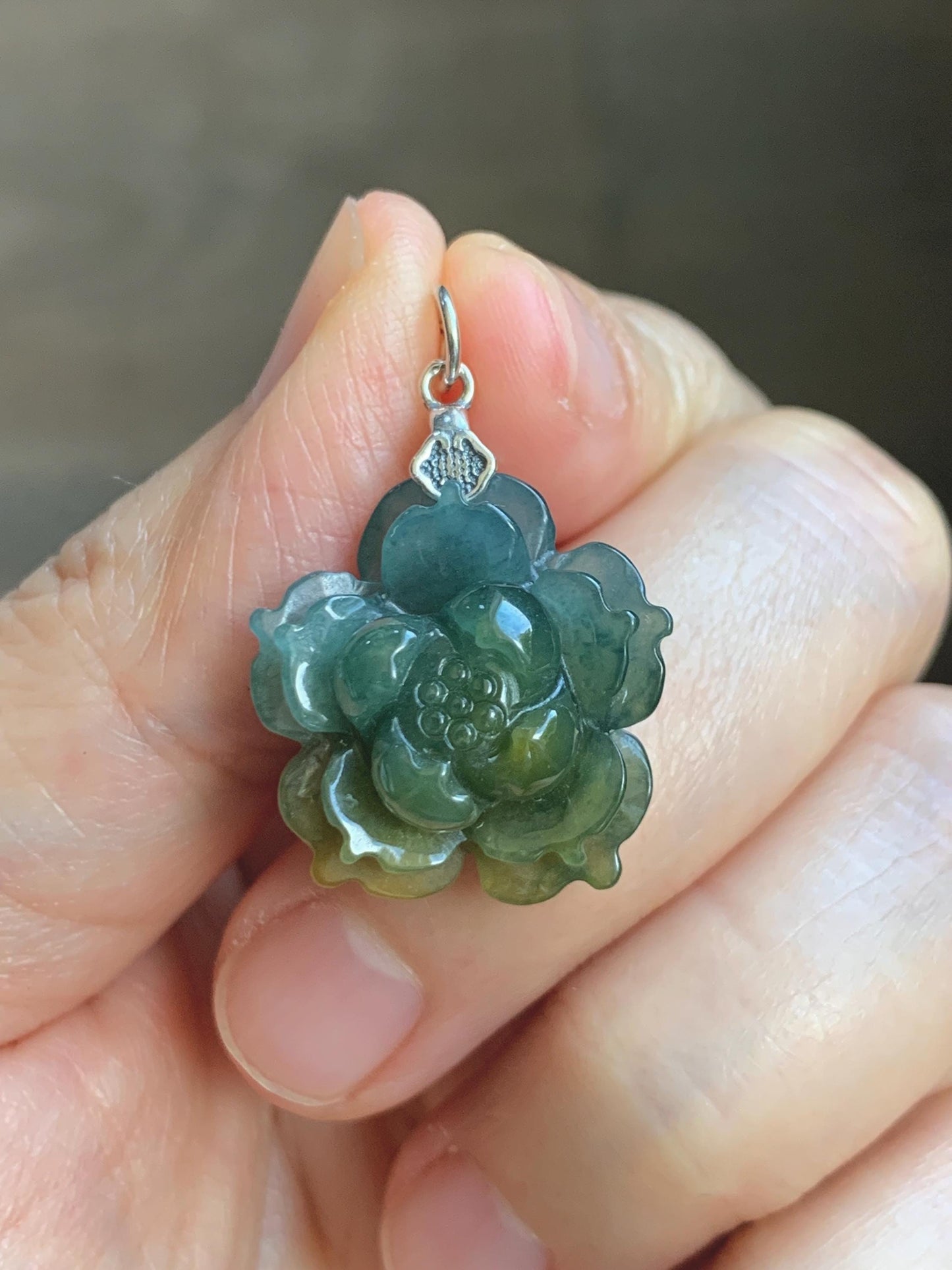 Natural Grade A Guatemalan Icy Dark Dusty Blue Yellow Marbled bicolored Jade Jadeite Lotus Flower Pendant Sterling Silver 天然冰危蓝黄翡翠莲花吊坠MSL132