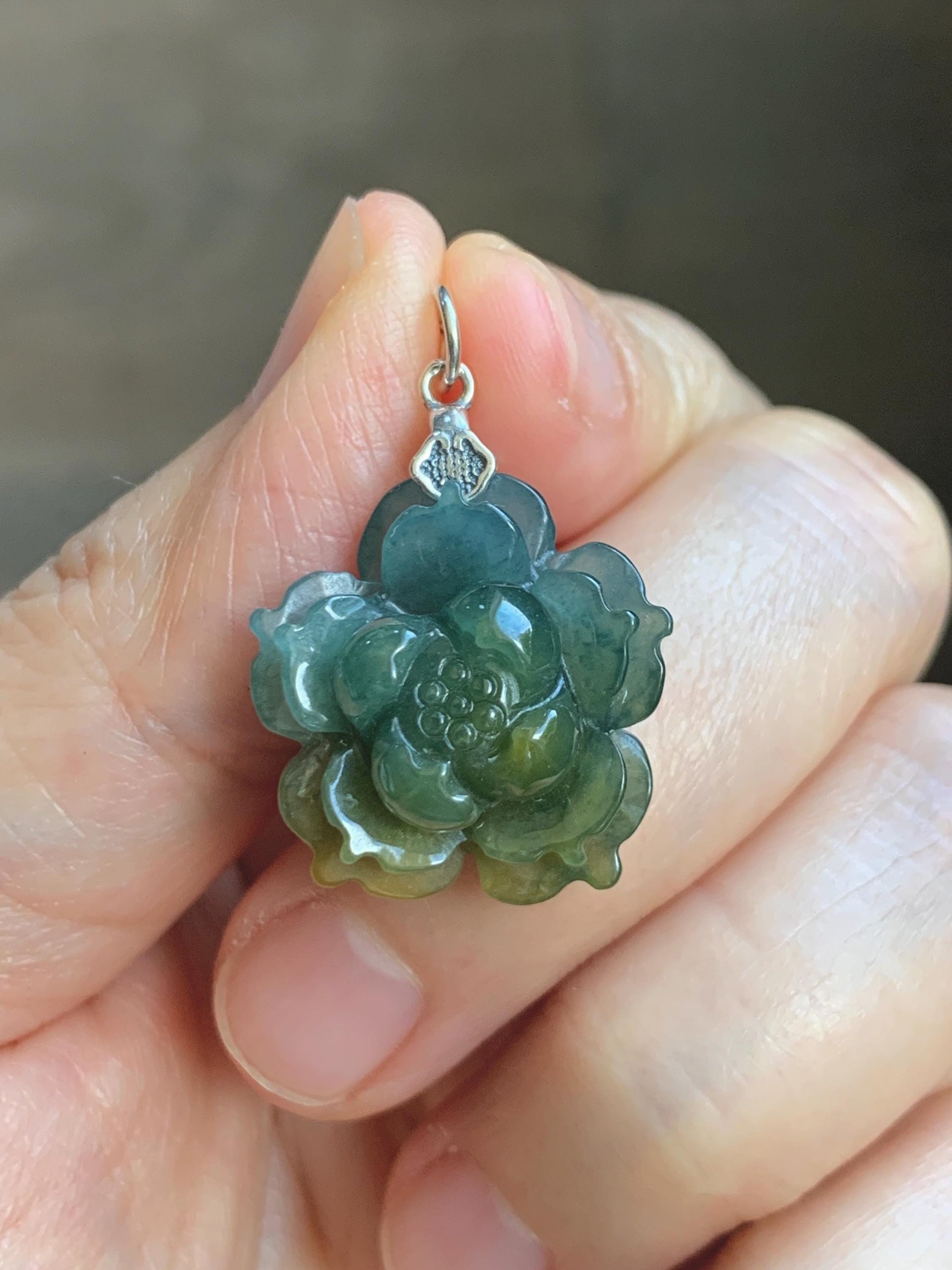 Natural Grade A Guatemalan Icy Dark Dusty Blue Yellow Marbled bicolored Jade Jadeite Lotus Flower Pendant Sterling Silver 天然冰危蓝黄翡翠莲花吊坠MSL132