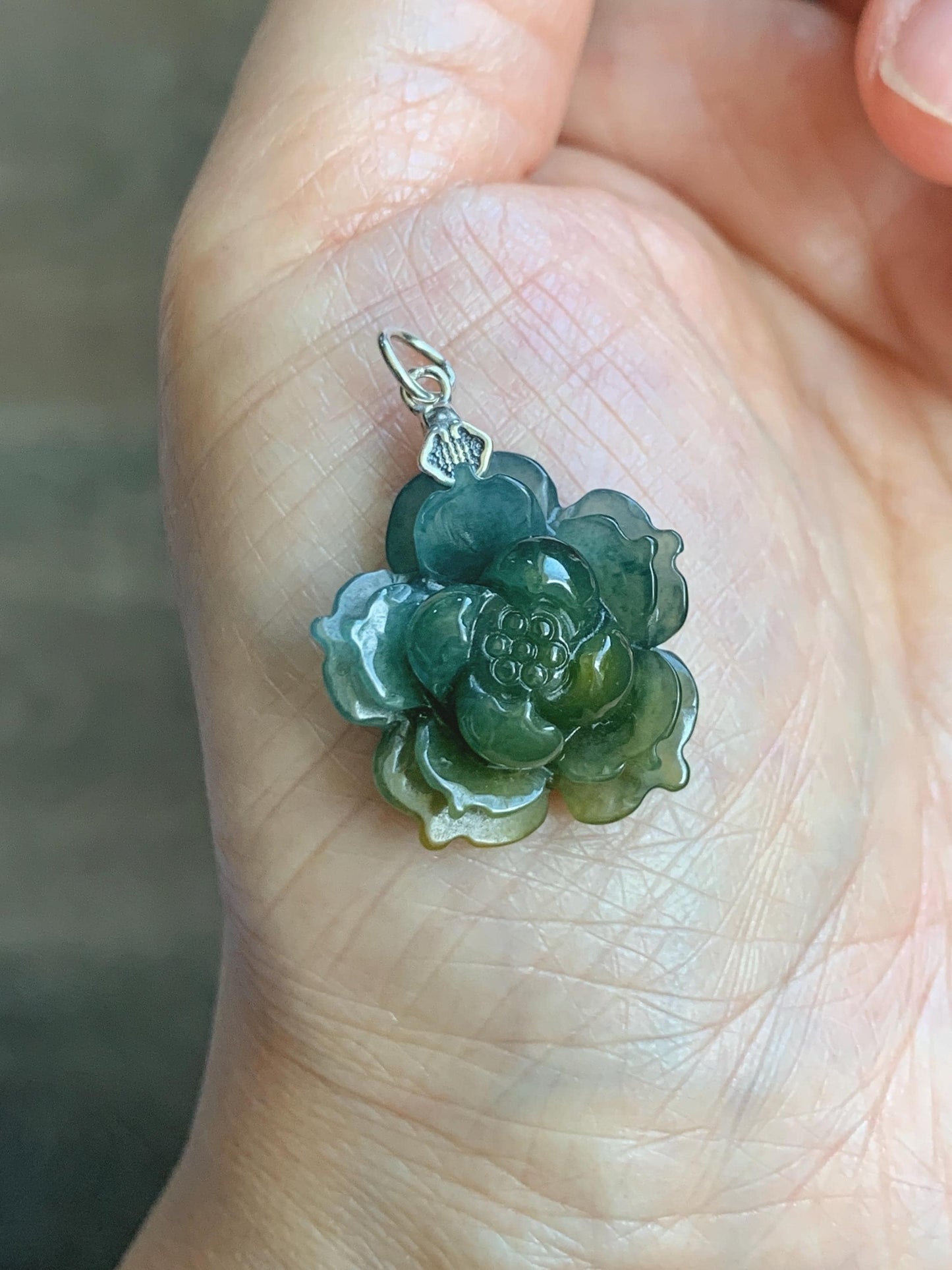 Natural Grade A Guatemalan Icy Dark Dusty Blue Yellow Marbled bicolored Jade Jadeite Lotus Flower Pendant Sterling Silver 天然冰危蓝黄翡翠莲花吊坠MSL132