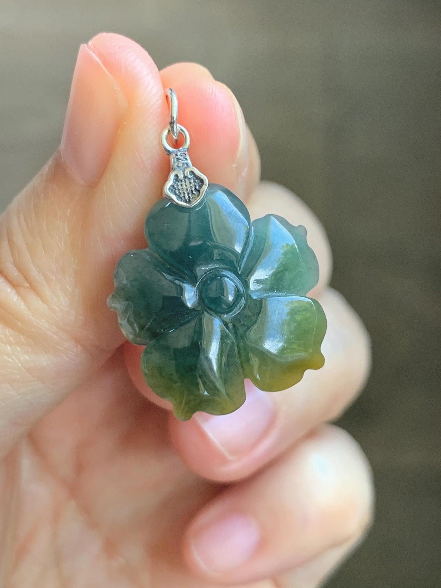 Natural Grade A Guatemalan Icy Dark Dusty Blue Yellow Marbled bicolored Jade Jadeite Lotus Flower Pendant Sterling Silver 天然冰危蓝黄翡翠莲花吊坠MSL132