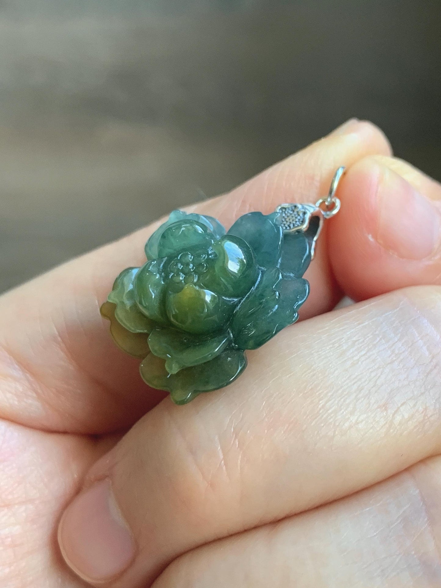 Natural Grade A Guatemalan Icy Dark Dusty Blue Yellow Marbled bicolored Jade Jadeite Lotus Flower Pendant Sterling Silver 天然冰危蓝黄翡翠莲花吊坠MSL132