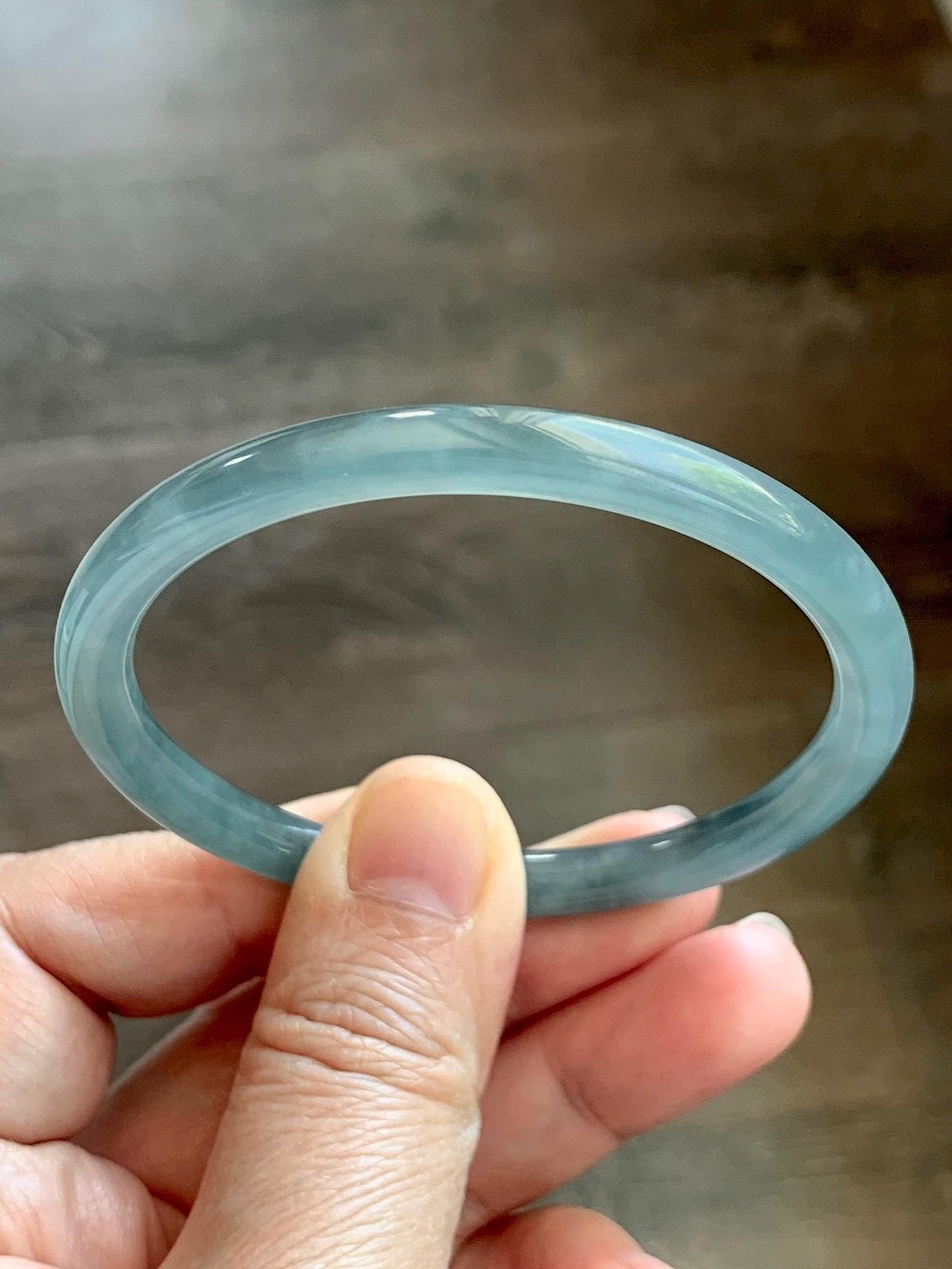 Certified Natural Grade A Guatemalan Icy Translucent Dusty Teal Blue Jade Jadeite Slim Bangle 55.93mm 6.91” 19g 天然冰胶危蓝绿翡翠细圆条手镯 1208