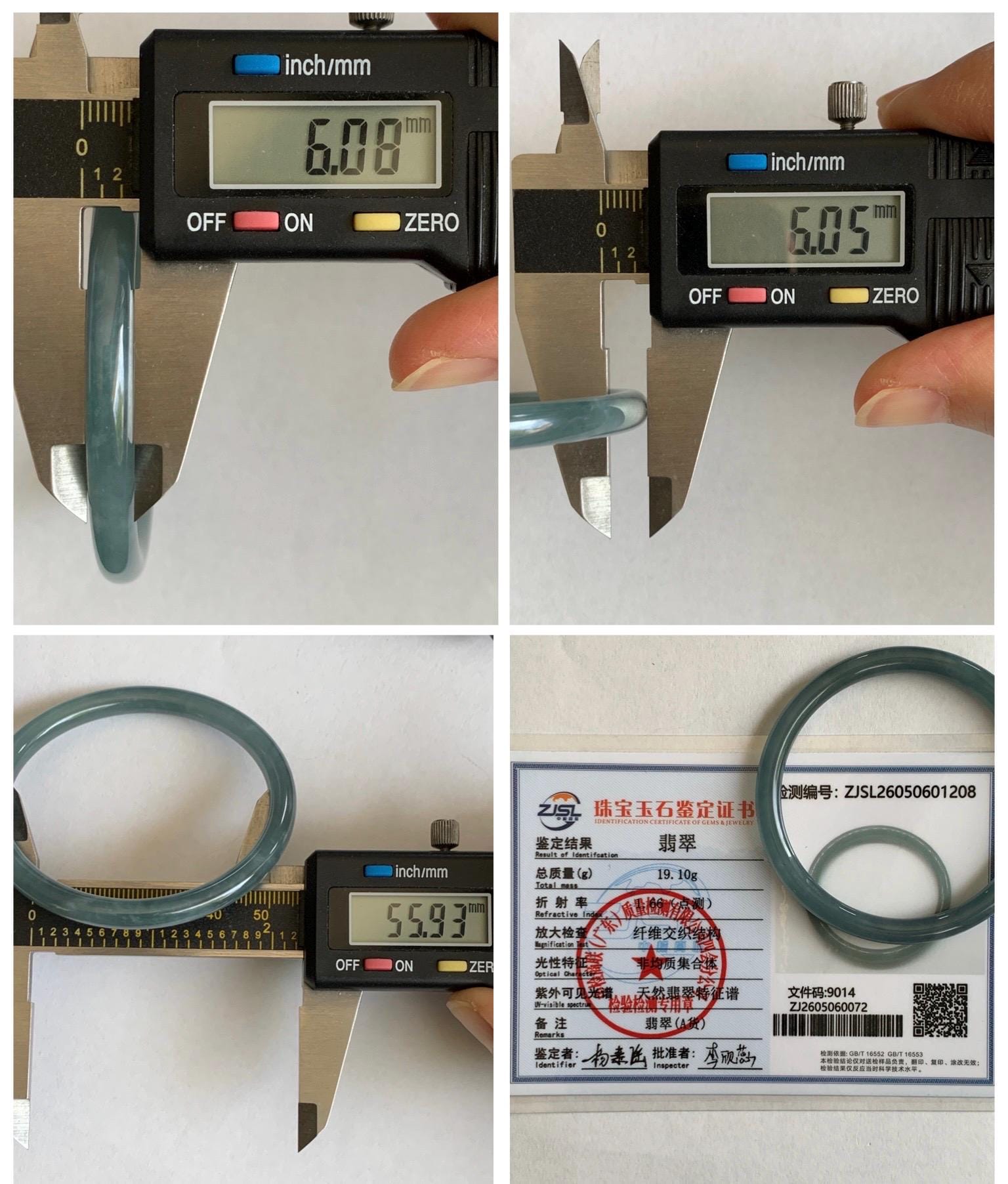 Certified Natural Grade A Guatemalan Icy Translucent Dusty Teal Blue Jade Jadeite Slim Bangle 55.93mm 6.91” 19g 天然冰胶危蓝绿翡翠细圆条手镯 1208