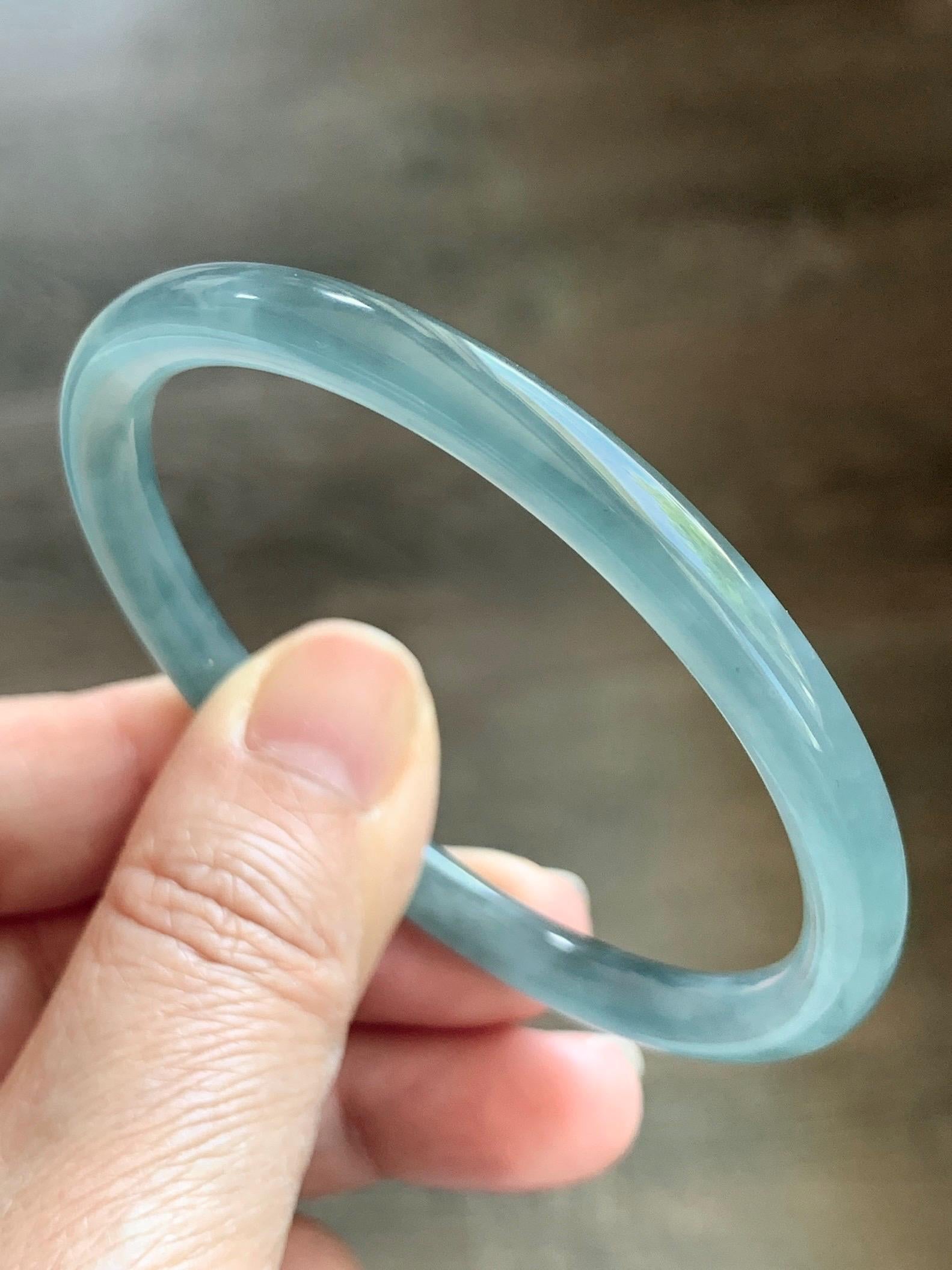 Certified Natural Grade A Guatemalan Icy Translucent Dusty Teal Blue Jade Jadeite Slim Bangle 55.93mm 6.91” 19g 天然冰胶危蓝绿翡翠细圆条手镯 1208