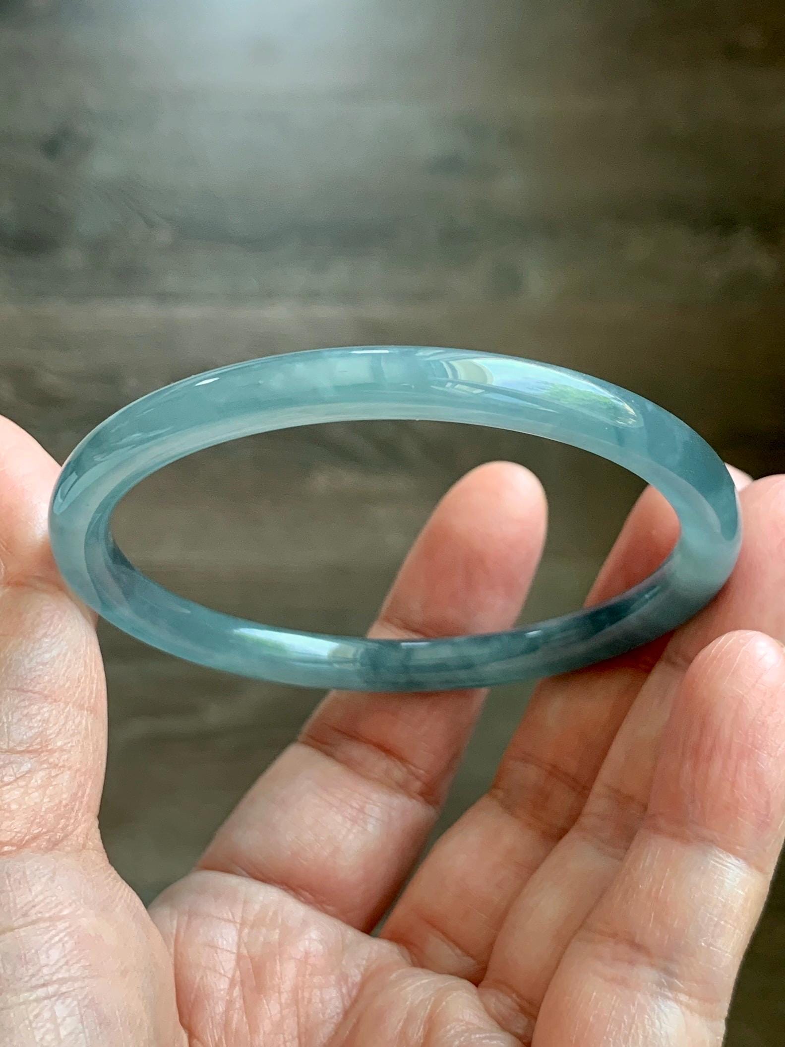 Certified Natural Grade A Guatemalan Icy Translucent Dusty Teal Blue Jade Jadeite Slim Bangle 55.93mm 6.91” 19g 天然冰胶危蓝绿翡翠细圆条手镯 1208