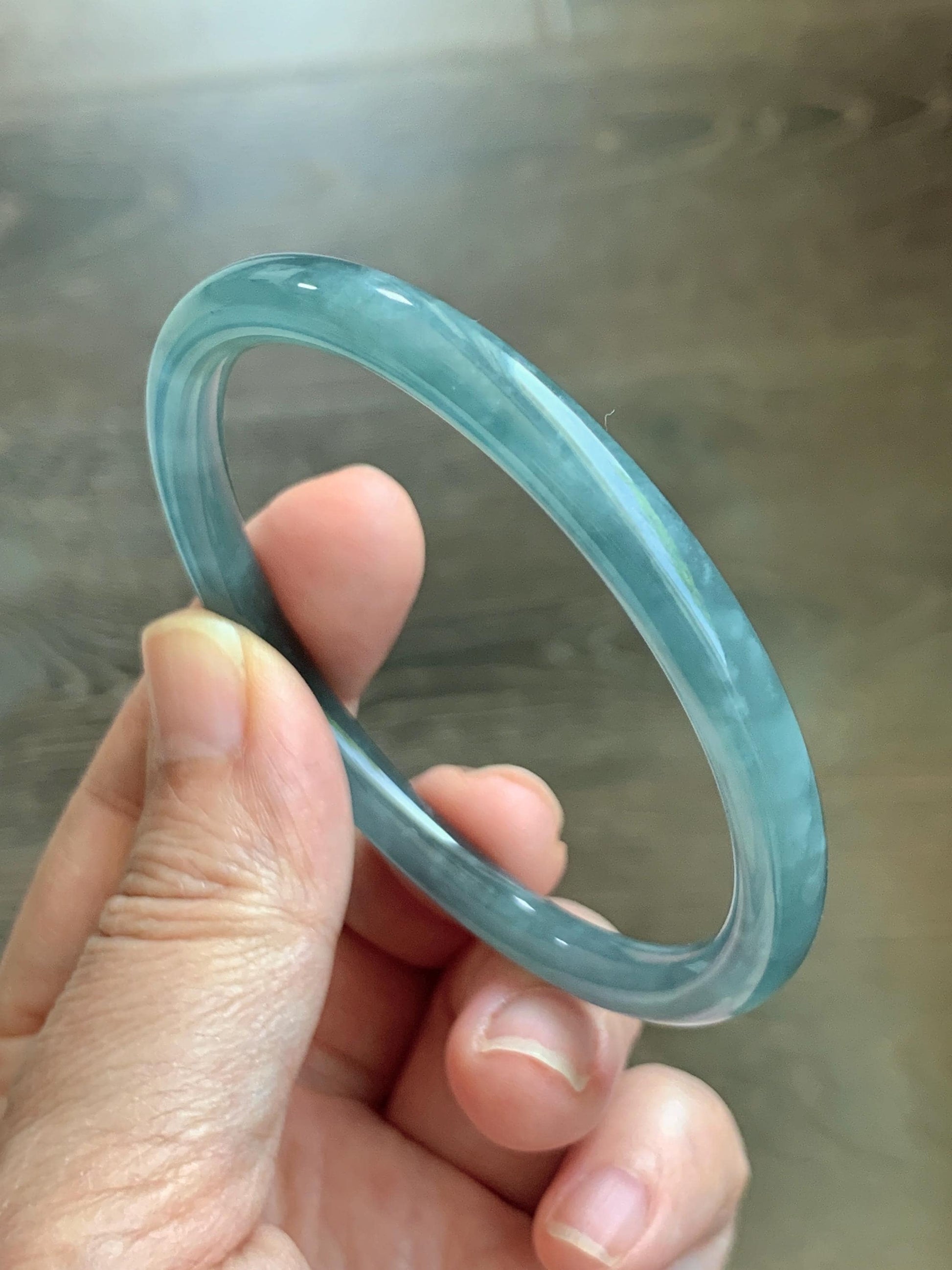 Certified Natural Grade A Guatemalan Icy Translucent Dusty Teal Blue Jade Jadeite Slim Bangle 55.93mm 6.91” 19g 天然冰胶危蓝绿翡翠细圆条手镯 1208