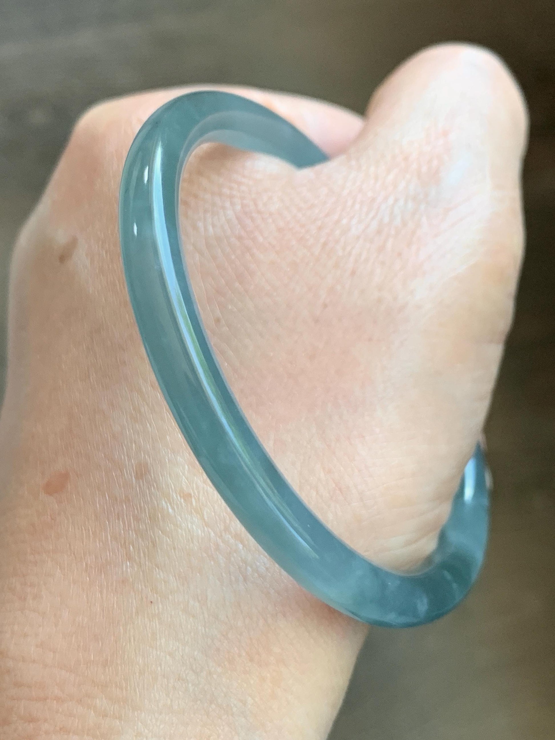 Certified Natural Grade A Guatemalan Icy Translucent Dusty Teal Blue Jade Jadeite Slim Bangle 55.93mm 6.91” 19g 天然冰胶危蓝绿翡翠细圆条手镯 1208