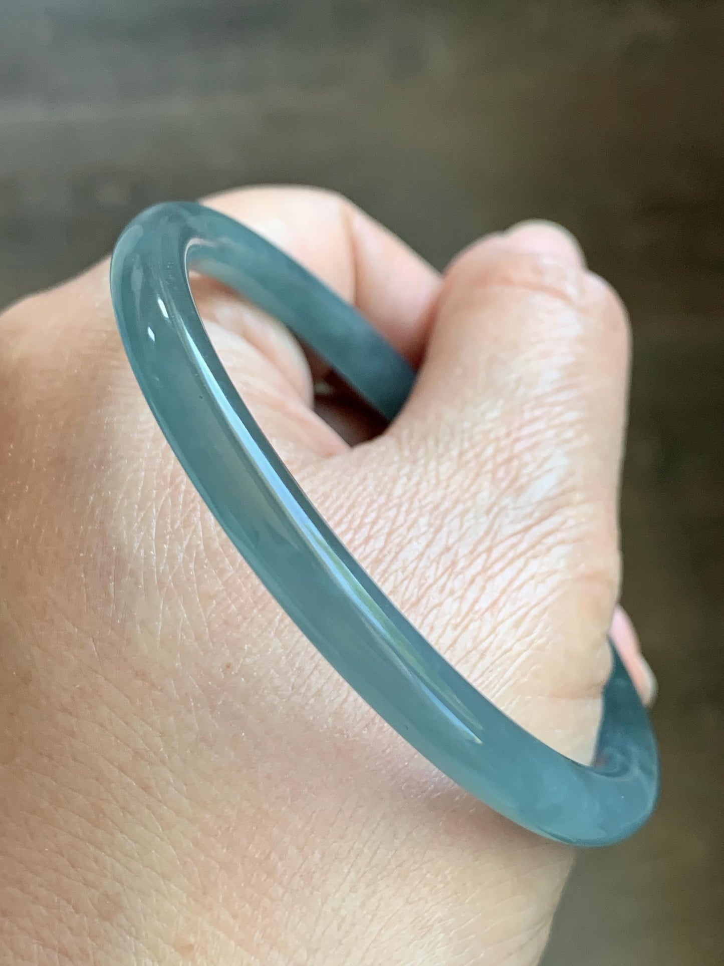 Certified Natural Grade A Guatemalan Icy Translucent Dusty Teal Blue Jade Jadeite Slim Bangle 55.93mm 6.91” 19g 天然冰胶危蓝绿翡翠细圆条手镯 1208