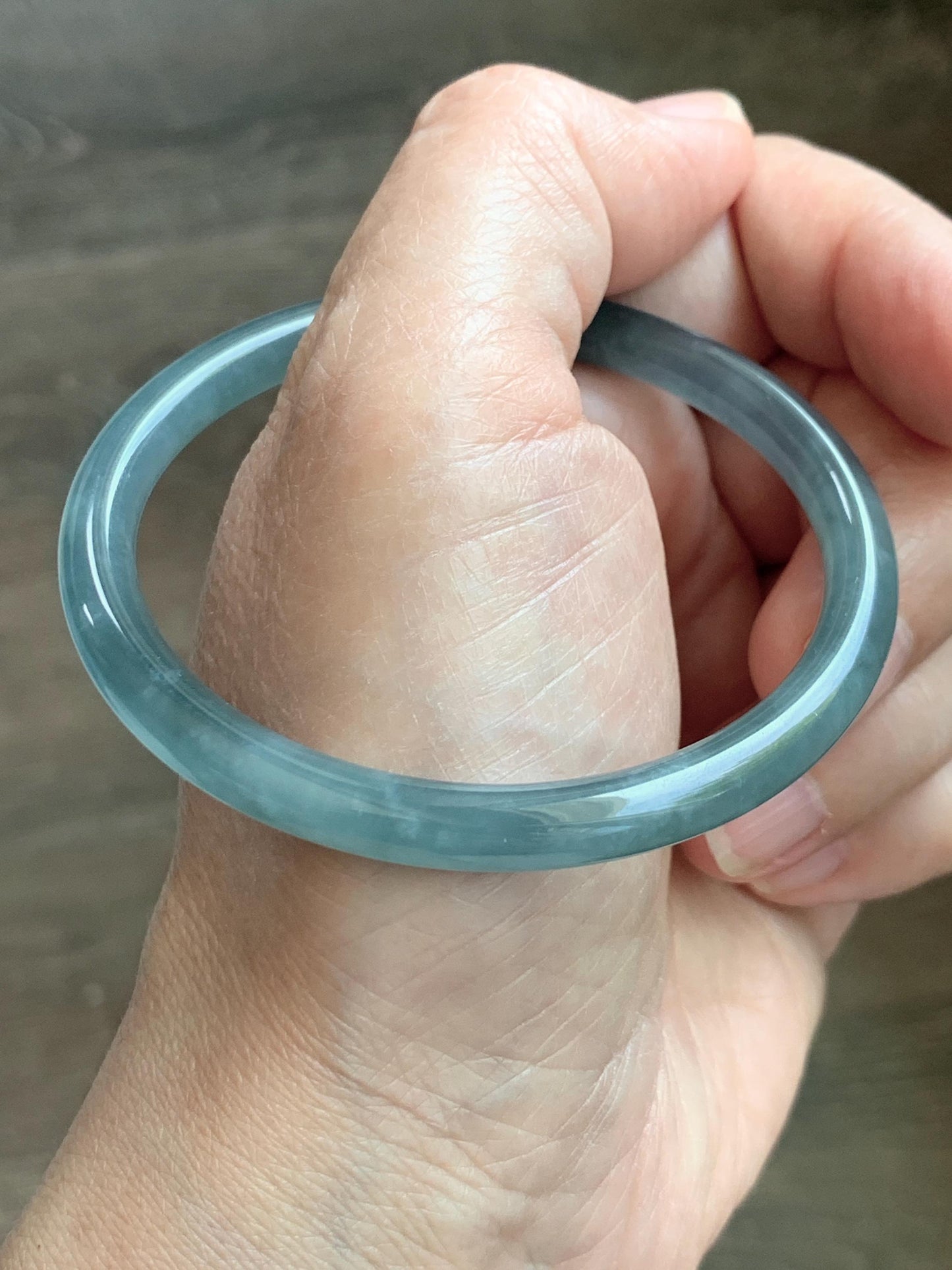 Certified Natural Grade A Guatemalan Icy Translucent Dusty Teal Blue Jade Jadeite Slim Bangle 55.93mm 6.91” 19g 天然冰胶危蓝绿翡翠细圆条手镯 1208