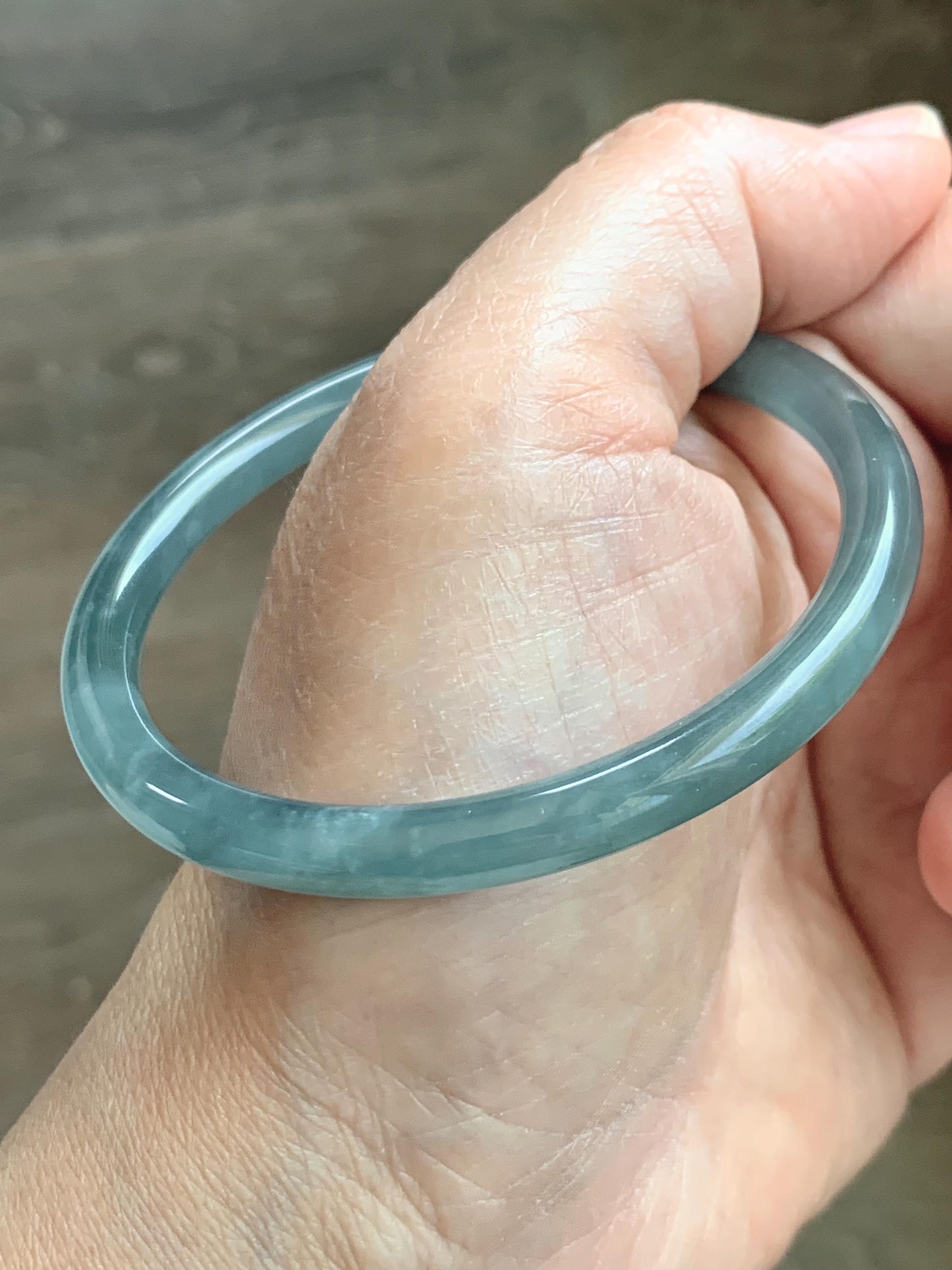Certified Natural Grade A Guatemalan Icy Translucent Dusty Teal Blue Jade Jadeite Slim Bangle 55.93mm 6.91” 19g 天然冰胶危蓝绿翡翠细圆条手镯 1208