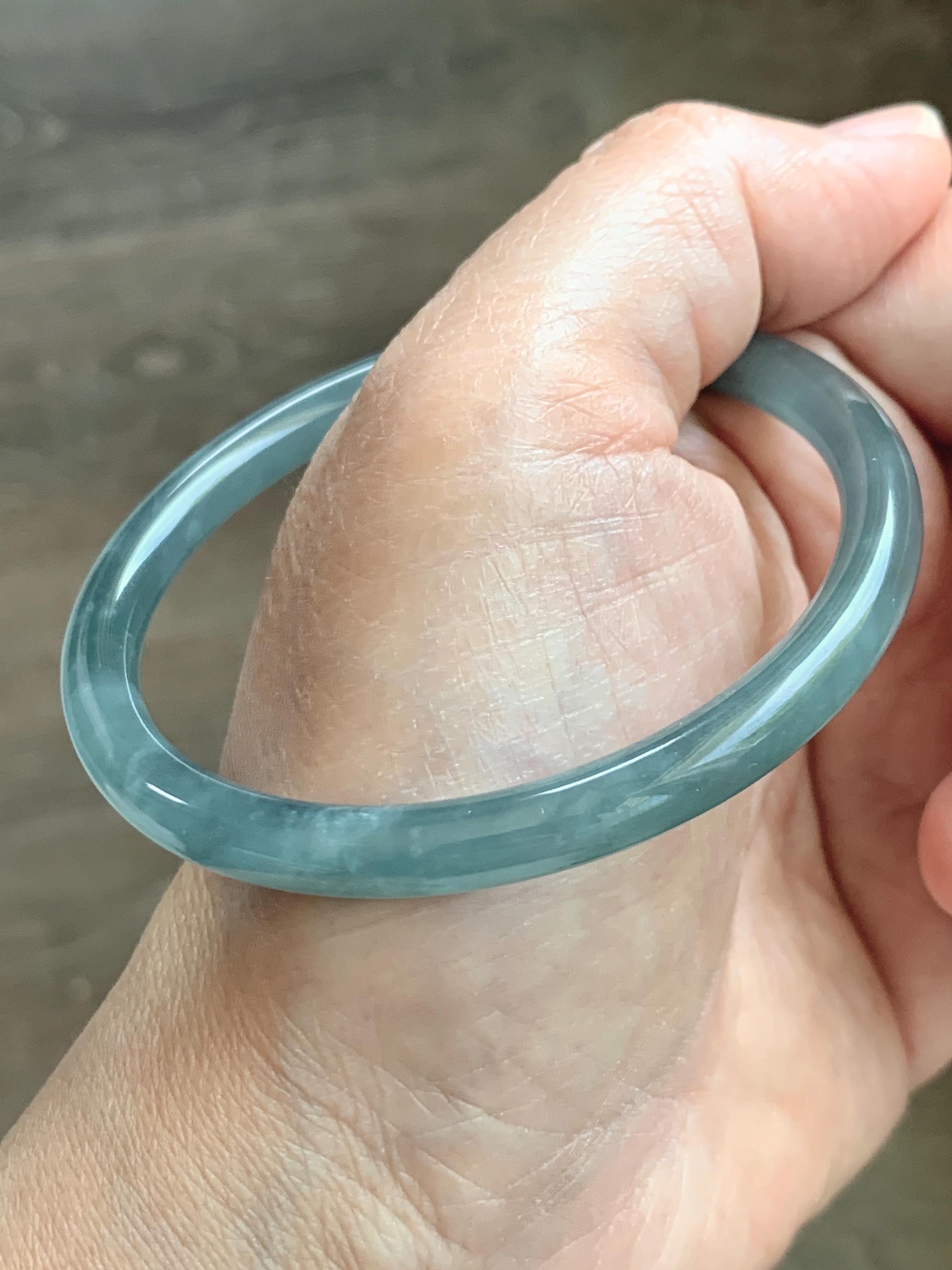 Certified Natural Grade A Guatemalan Icy Translucent Dusty Teal Blue Jade Jadeite Slim Bangle 55.93mm 6.91” 19g 天然冰胶危蓝绿翡翠细圆条手镯 1208