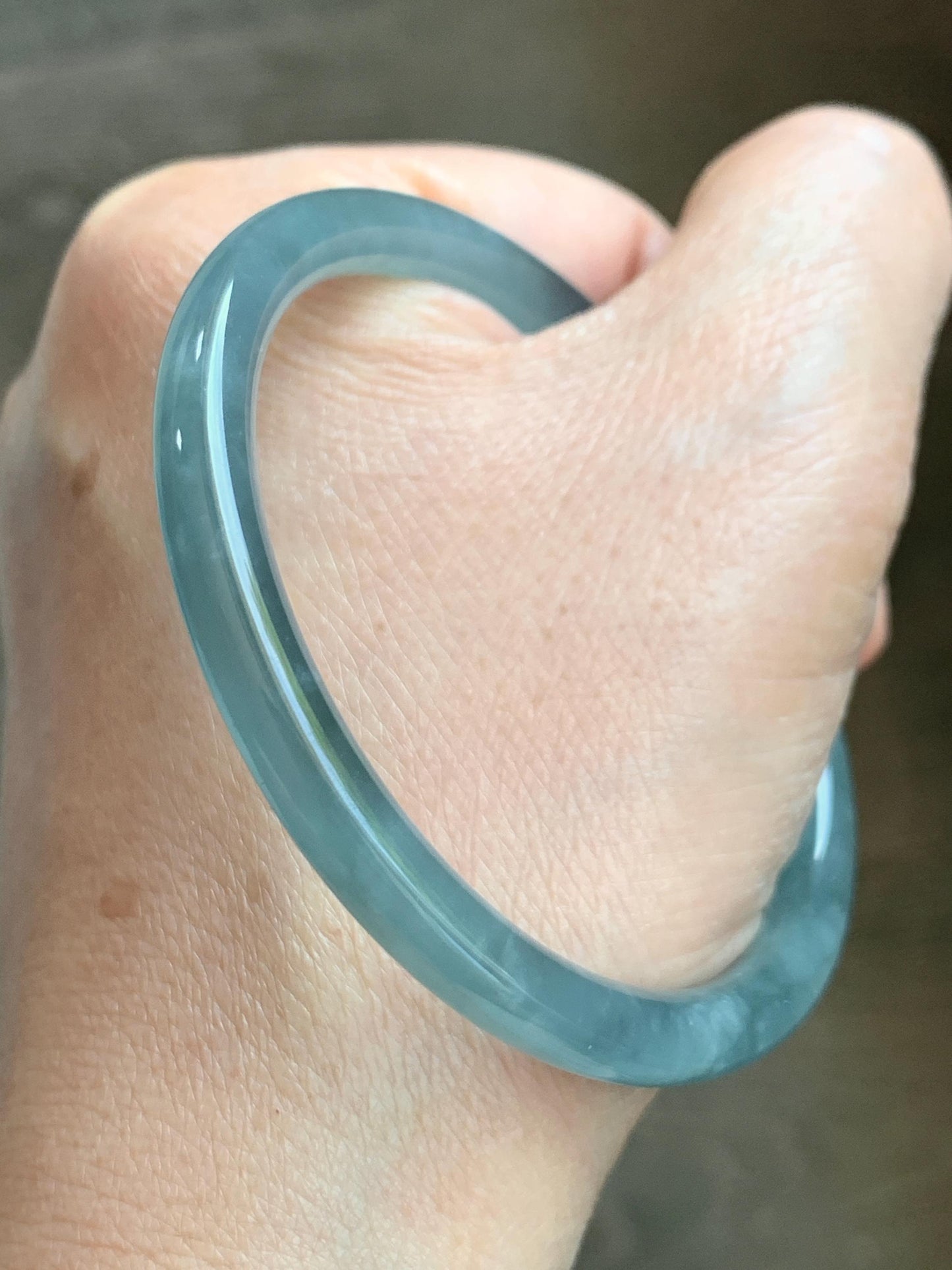 Certified Natural Grade A Guatemalan Icy Translucent Dusty Teal Blue Jade Jadeite Slim Bangle 55.93mm 6.91” 19g 天然冰胶危蓝绿翡翠细圆条手镯 1208