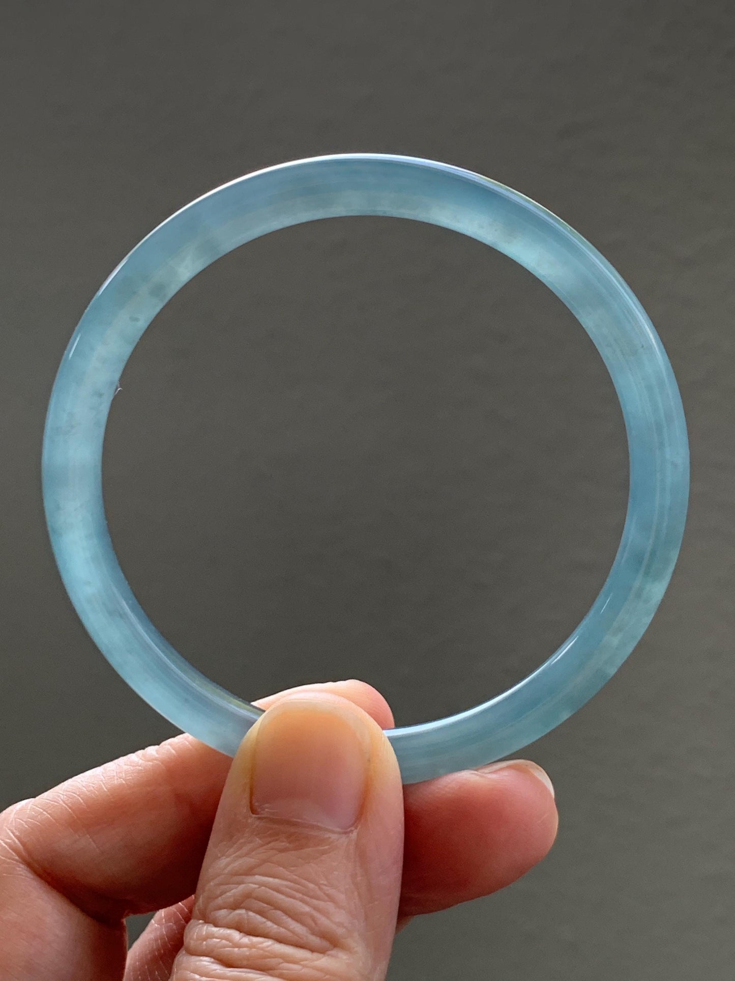 Certified Natural Grade A Guatemalan Icy Translucent Dusty Teal Blue Jade Jadeite Slim Bangle 55.93mm 6.91” 19g 天然冰胶危蓝绿翡翠细圆条手镯 1208