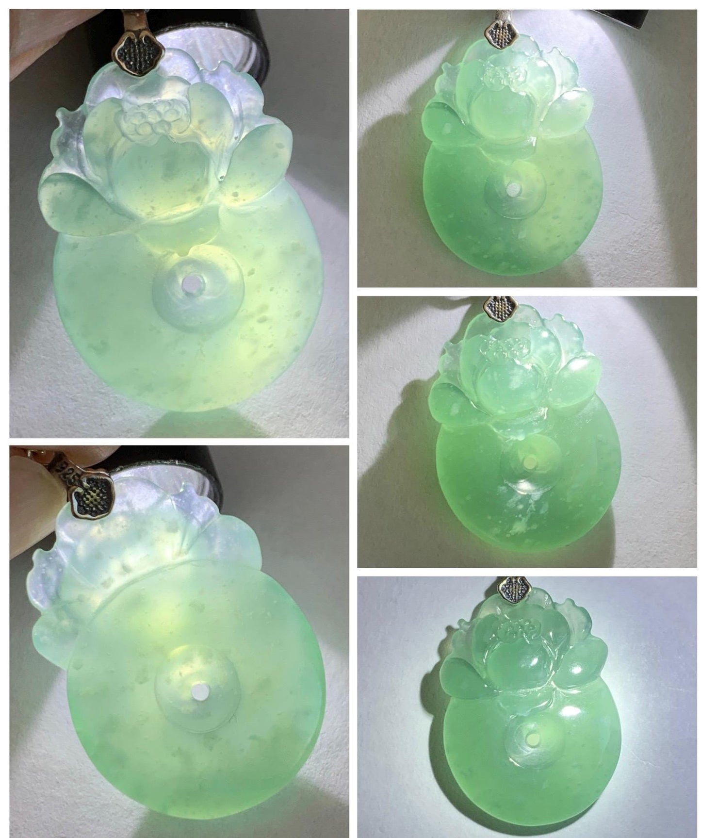Natural Grade A Guatemalan Icy Translucent Teal Jade Jadeite Lotus Flower Ping An Kou Donut Pendant Sterling Silver 7g 天然冰危蓝翡翠莲花平安扣吊坠 WTL220