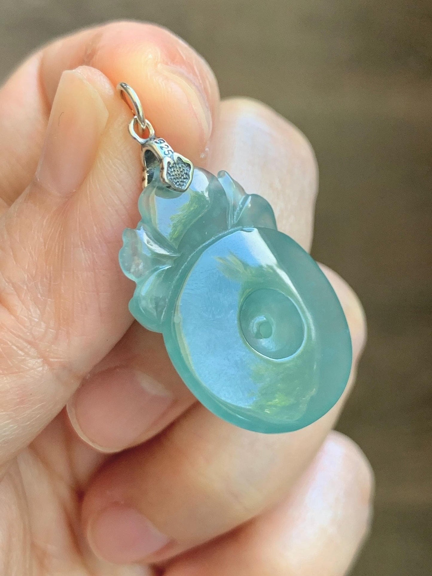 Natural Grade A Guatemalan Icy Translucent Teal Jade Jadeite Lotus Flower Ping An Kou Donut Pendant Sterling Silver 7g 天然冰危蓝翡翠莲花平安扣吊坠 WTL220