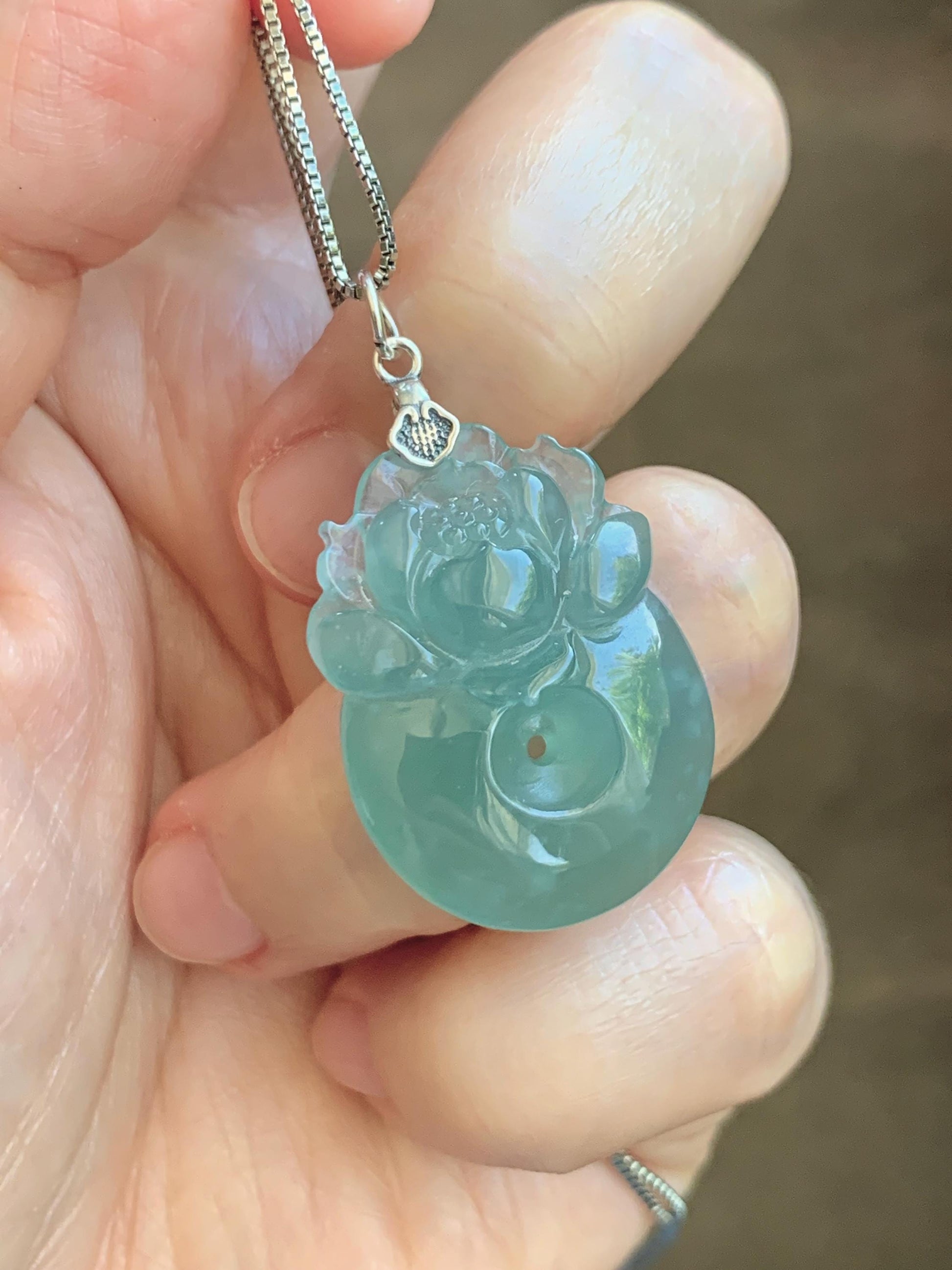 Natural Grade A Guatemalan Icy Translucent Teal Jade Jadeite Lotus Flower Ping An Kou Donut Pendant Sterling Silver 7g 天然冰危蓝翡翠莲花平安扣吊坠 WTL220