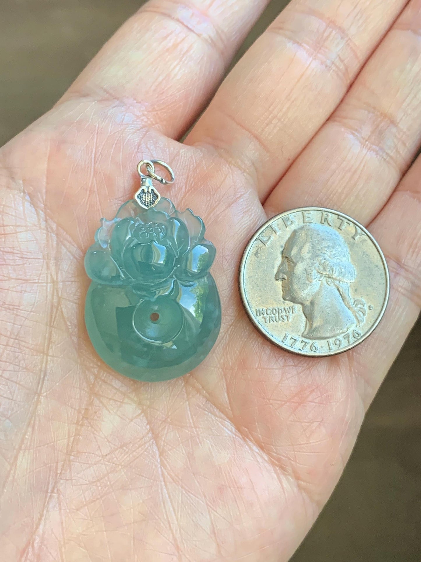 Natural Grade A Guatemalan Icy Translucent Teal Jade Jadeite Lotus Flower Ping An Kou Donut Pendant Sterling Silver 7g 天然冰危蓝翡翠莲花平安扣吊坠 WTL220
