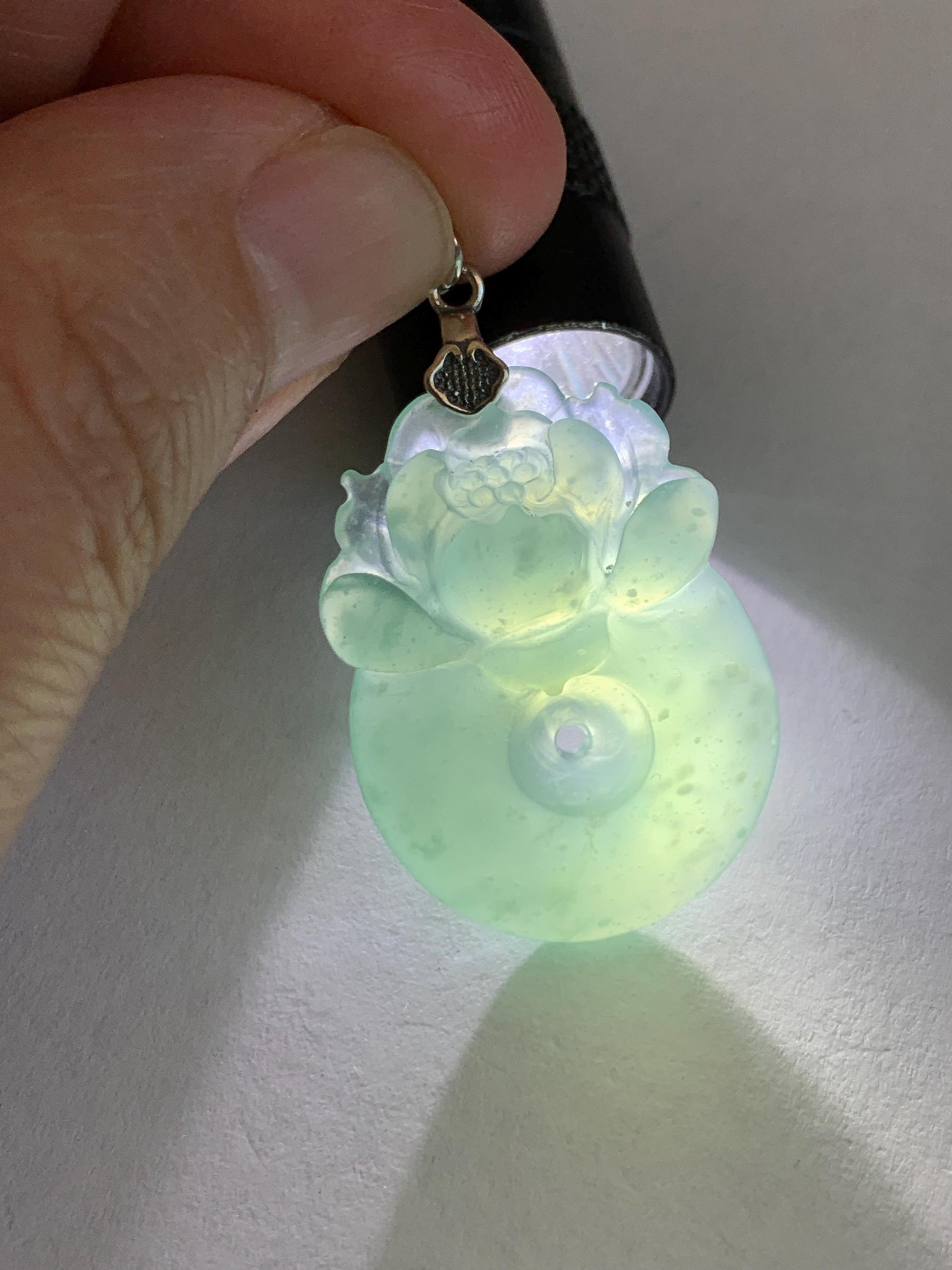 Natural Grade A Guatemalan Icy Translucent Teal Jade Jadeite Lotus Flower Ping An Kou Donut Pendant Sterling Silver 7g 天然冰危蓝翡翠莲花平安扣吊坠 WTL220