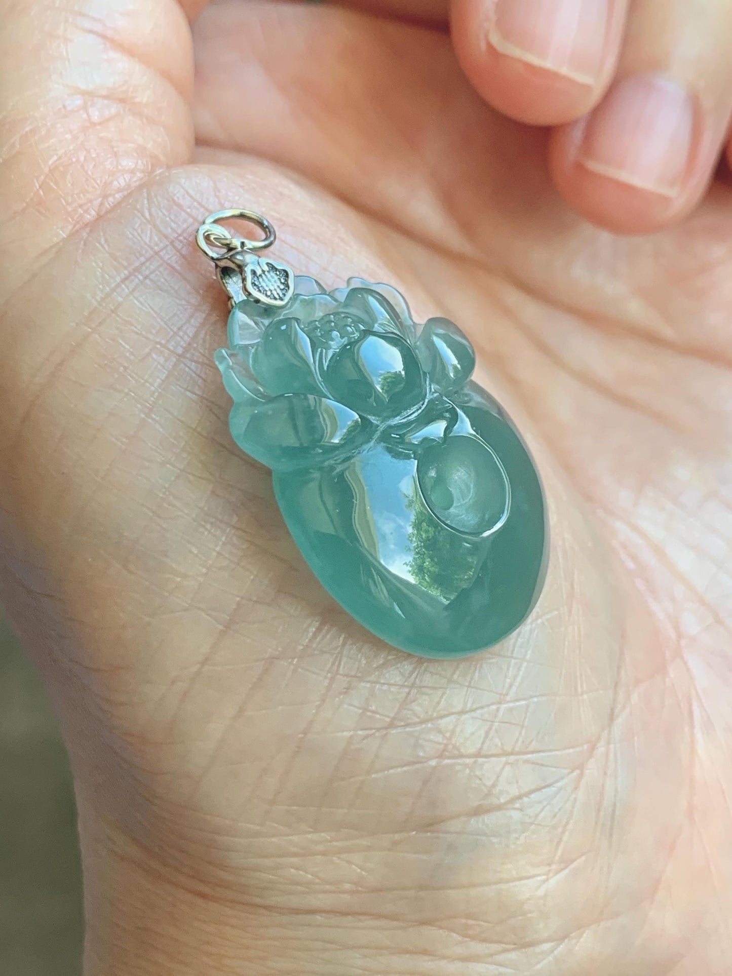 Natural Grade A Guatemalan Icy Translucent Teal Jade Jadeite Lotus Flower Ping An Kou Donut Pendant Sterling Silver 7g 天然冰危蓝翡翠莲花平安扣吊坠 WTL220