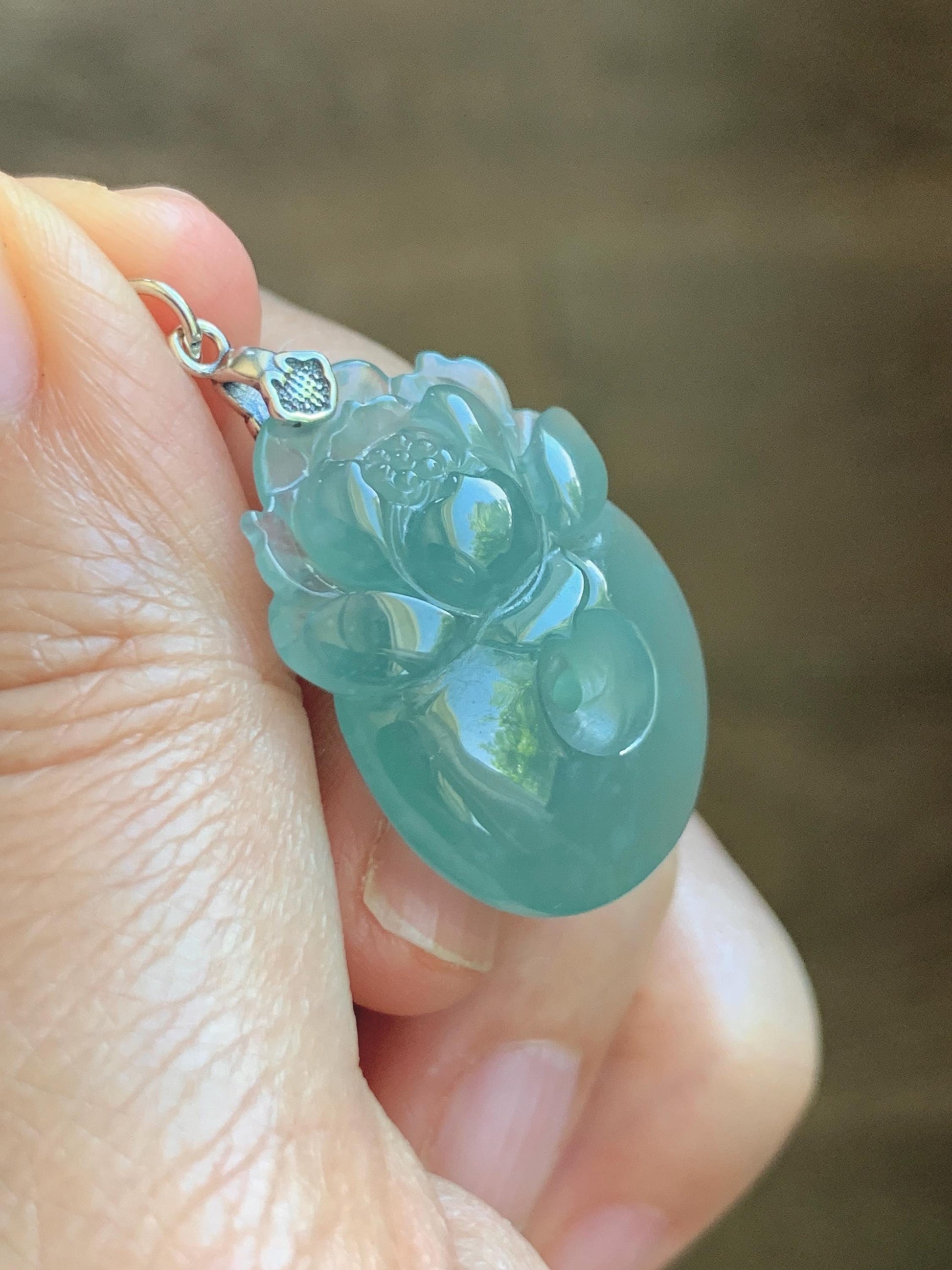 Natural Grade A Guatemalan Icy Translucent Teal Jade Jadeite Lotus Flower Ping An Kou Donut Pendant Sterling Silver 7g 天然冰危蓝翡翠莲花平安扣吊坠 WTL220