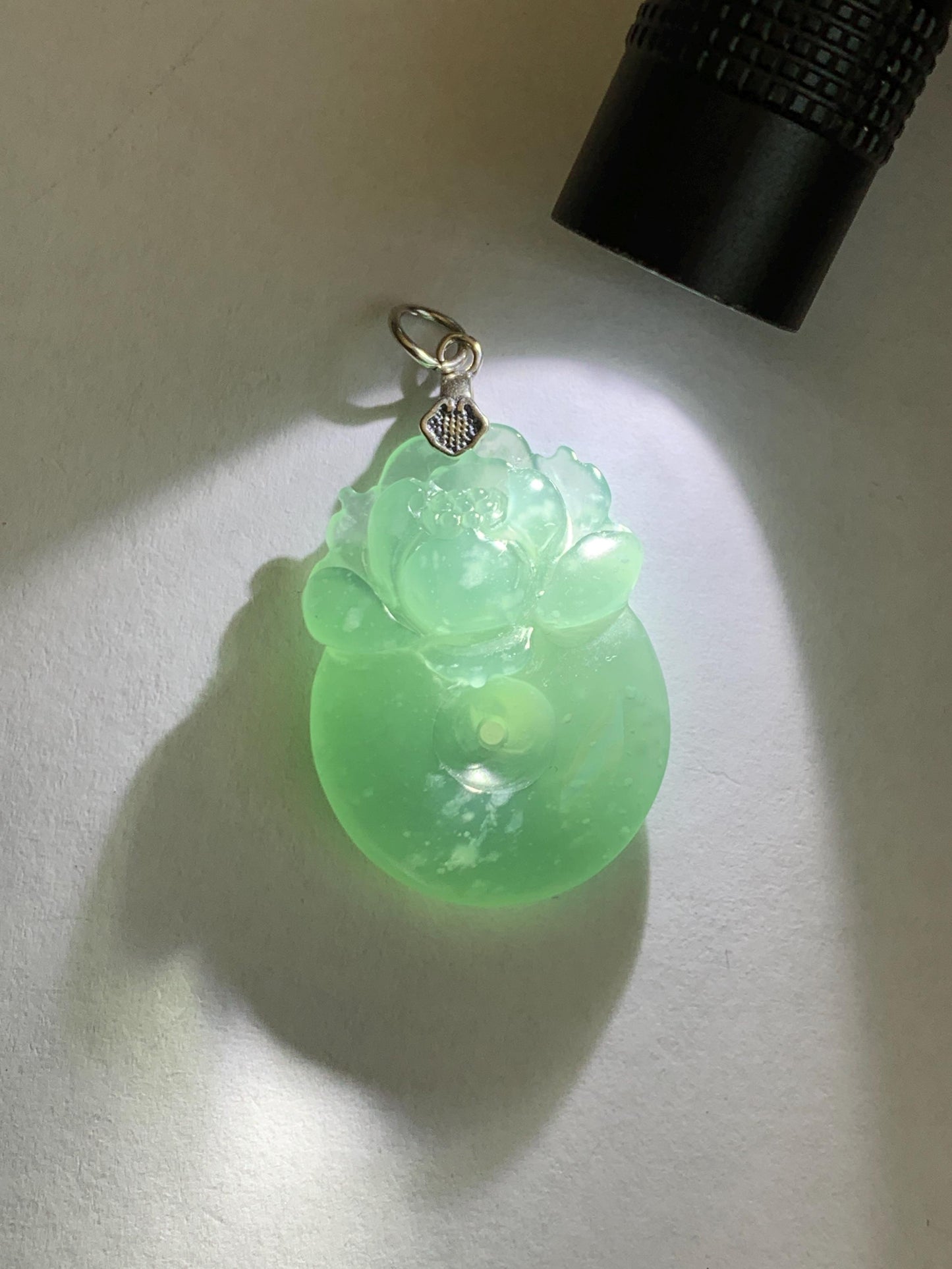 Natural Grade A Guatemalan Icy Translucent Teal Jade Jadeite Lotus Flower Ping An Kou Donut Pendant Sterling Silver 7g 天然冰危蓝翡翠莲花平安扣吊坠 WTL220