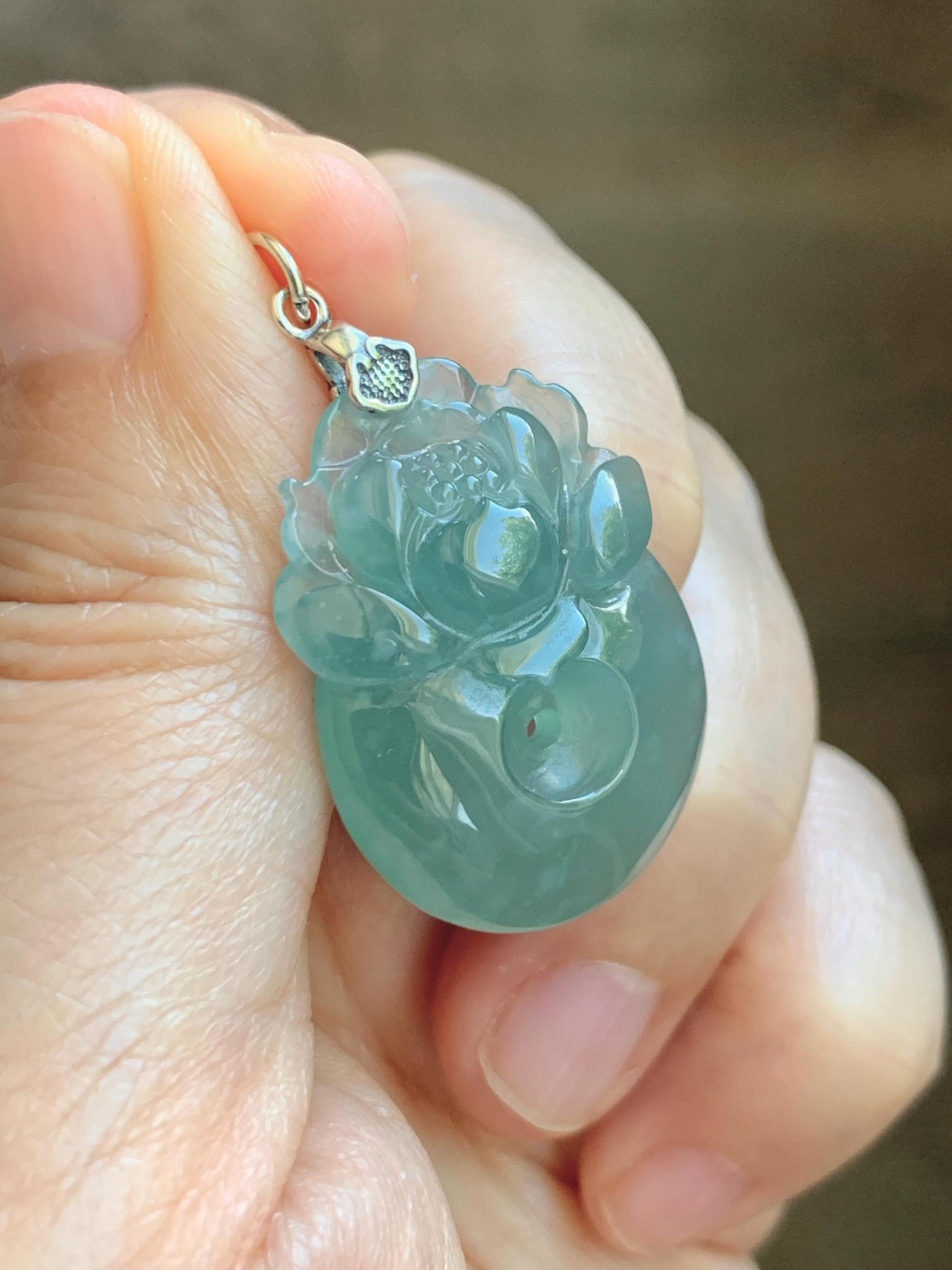Natural Grade A Guatemalan Icy Translucent Teal Jade Jadeite Lotus Flower Ping An Kou Donut Pendant Sterling Silver 7g 天然冰危蓝翡翠莲花平安扣吊坠 WTL220