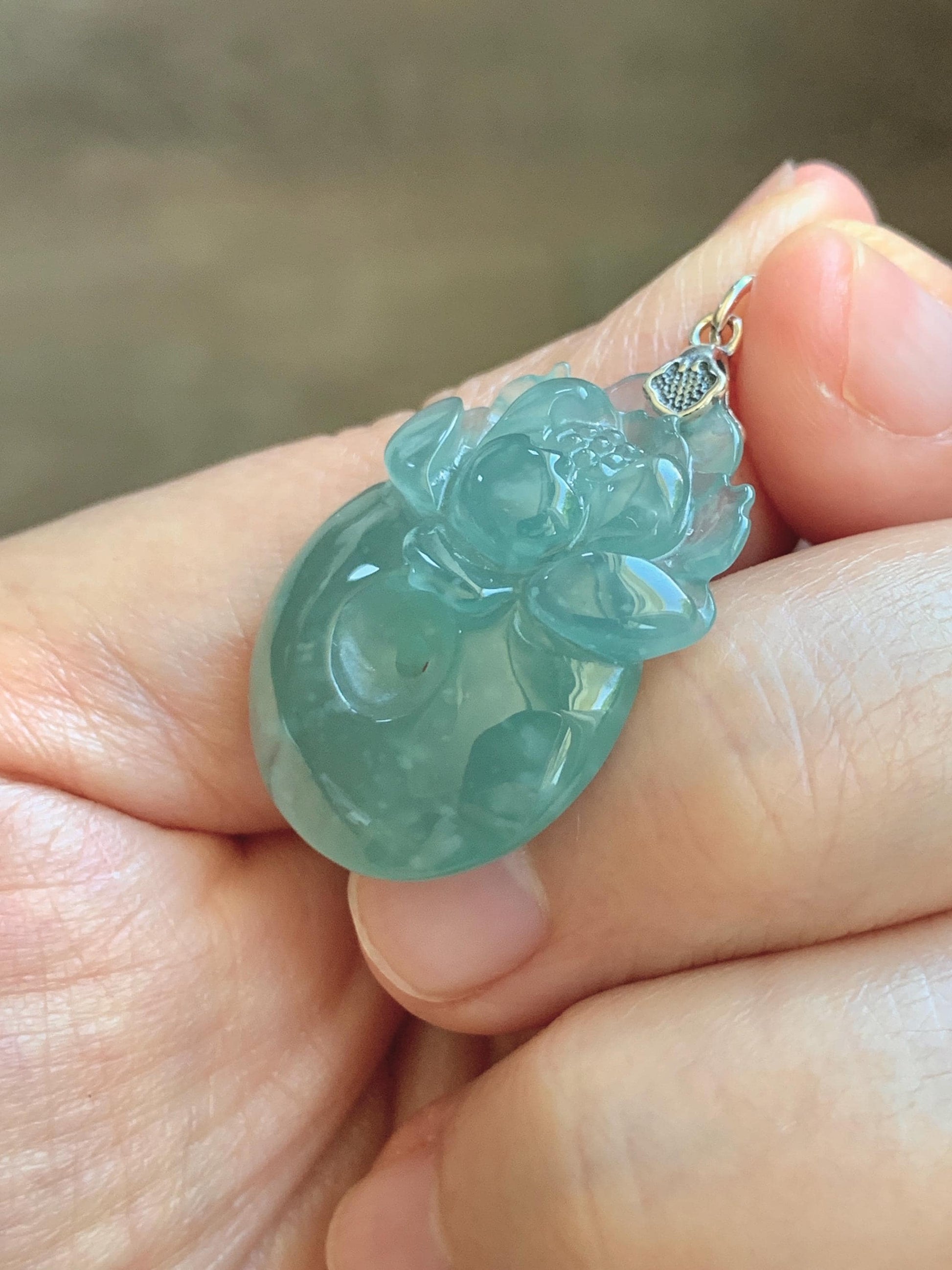Natural Grade A Guatemalan Icy Translucent Teal Jade Jadeite Lotus Flower Ping An Kou Donut Pendant Sterling Silver 7g 天然冰危蓝翡翠莲花平安扣吊坠 WTL220