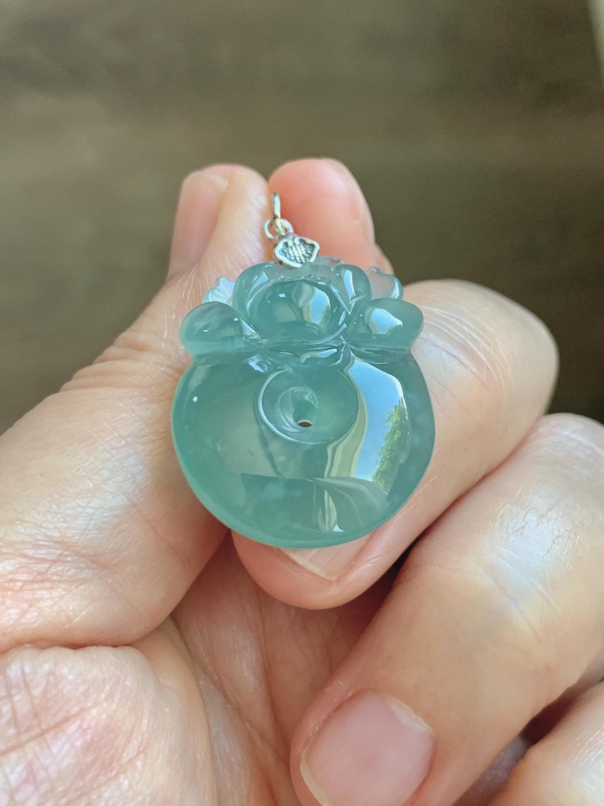 Natural Grade A Guatemalan Icy Translucent Teal Jade Jadeite Lotus Flower Ping An Kou Donut Pendant Sterling Silver 7g 天然冰危蓝翡翠莲花平安扣吊坠 WTL220