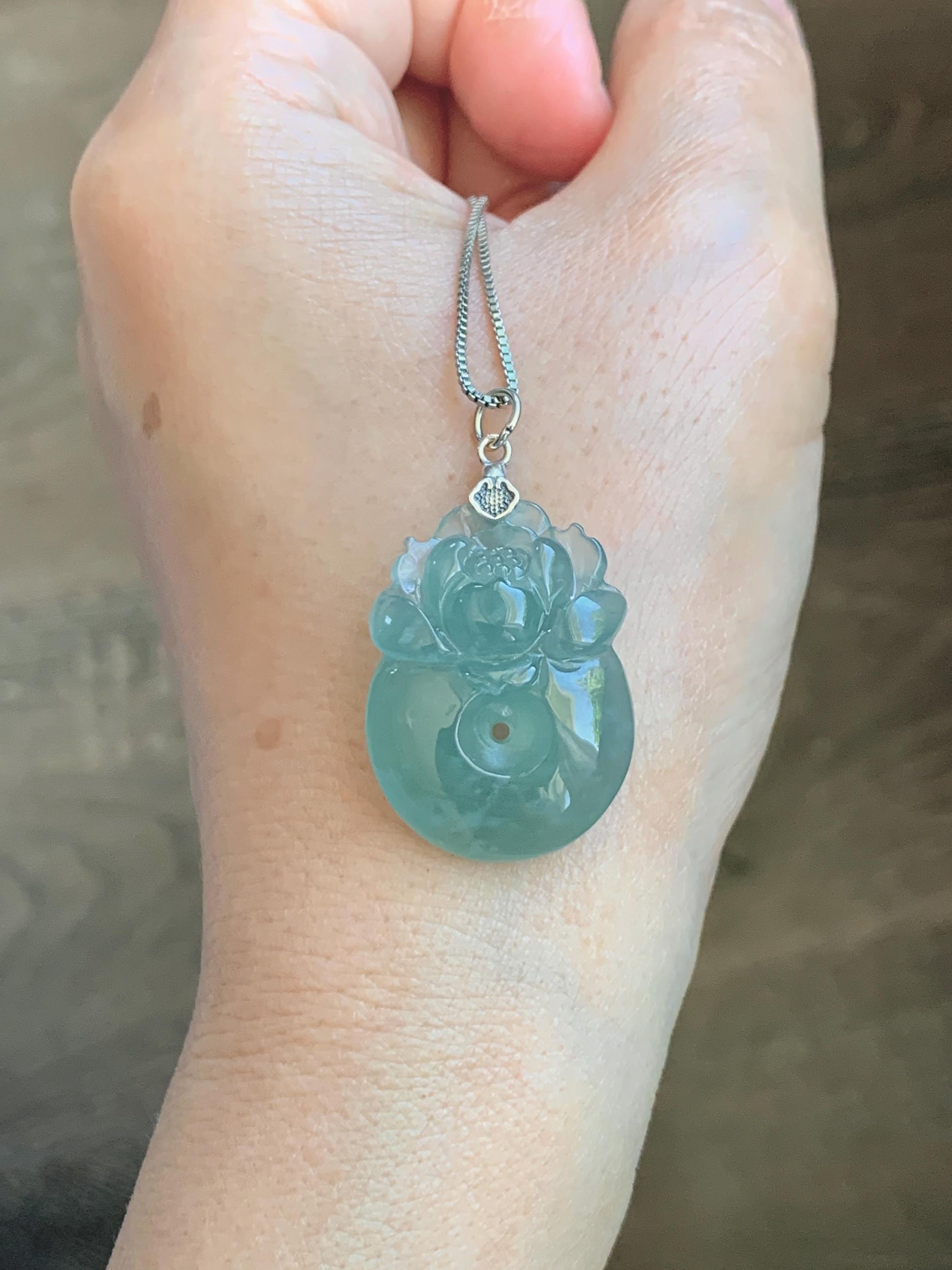 Natural Grade A Guatemalan Icy Translucent Teal Jade Jadeite Lotus Flower Ping An Kou Donut Pendant Sterling Silver 7g 天然冰危蓝翡翠莲花平安扣吊坠 WTL220