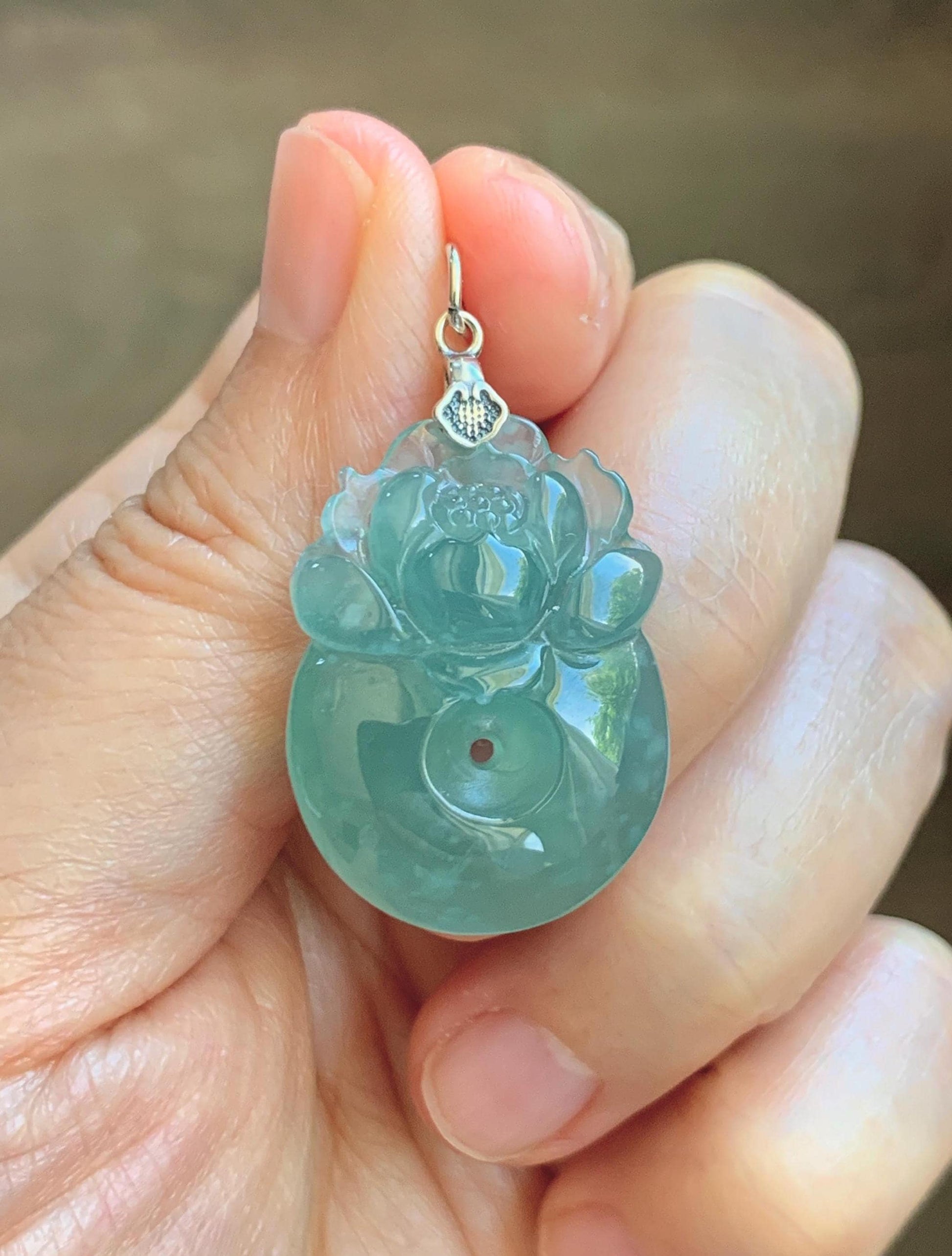 Natural Grade A Guatemalan Icy Translucent Teal Jade Jadeite Lotus Flower Ping An Kou Donut Pendant Sterling Silver 7g 天然冰危蓝翡翠莲花平安扣吊坠 WTL220