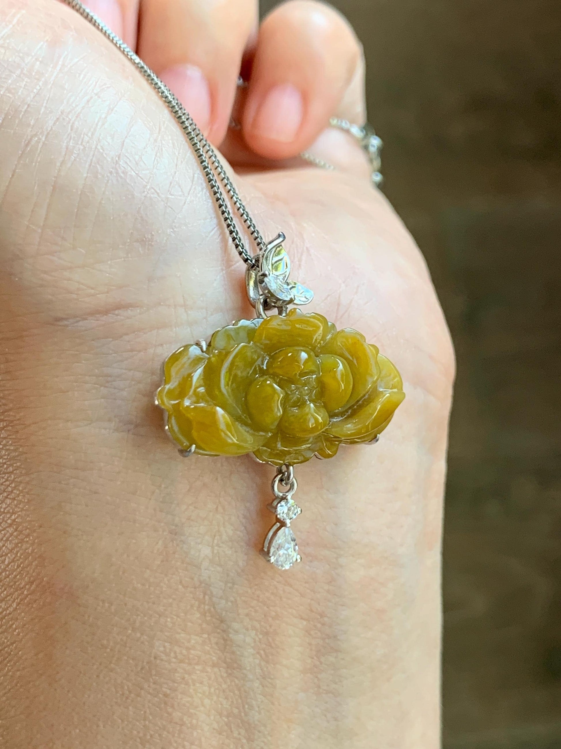 Certified Grade A Natural Guatemalan Icy Intense Yellow Jade Jadeite Lotus Flower Pendant Moissanite Sterling Silver 6.13g 天然冰危油黄翡翠莲花镶嵌吊坠240