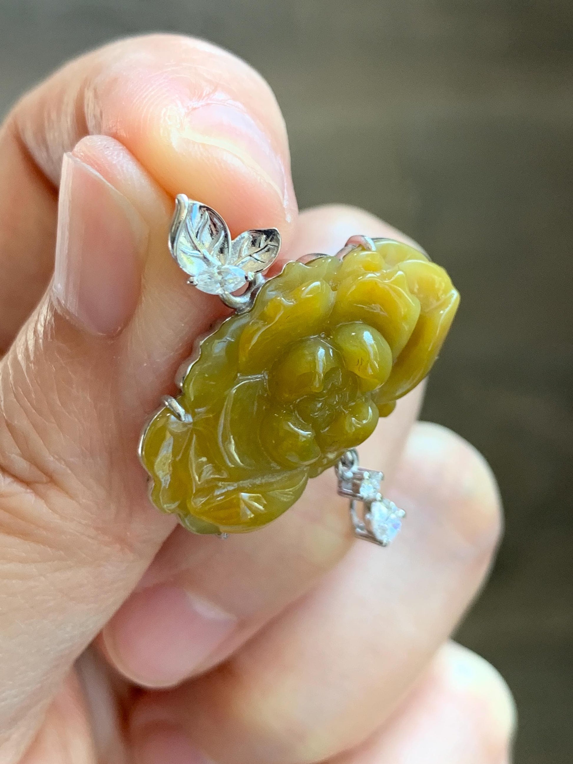 Certified Grade A Natural Guatemalan Icy Intense Yellow Jade Jadeite Lotus Flower Pendant Moissanite Sterling Silver 6.13g 天然冰危油黄翡翠莲花镶嵌吊坠240