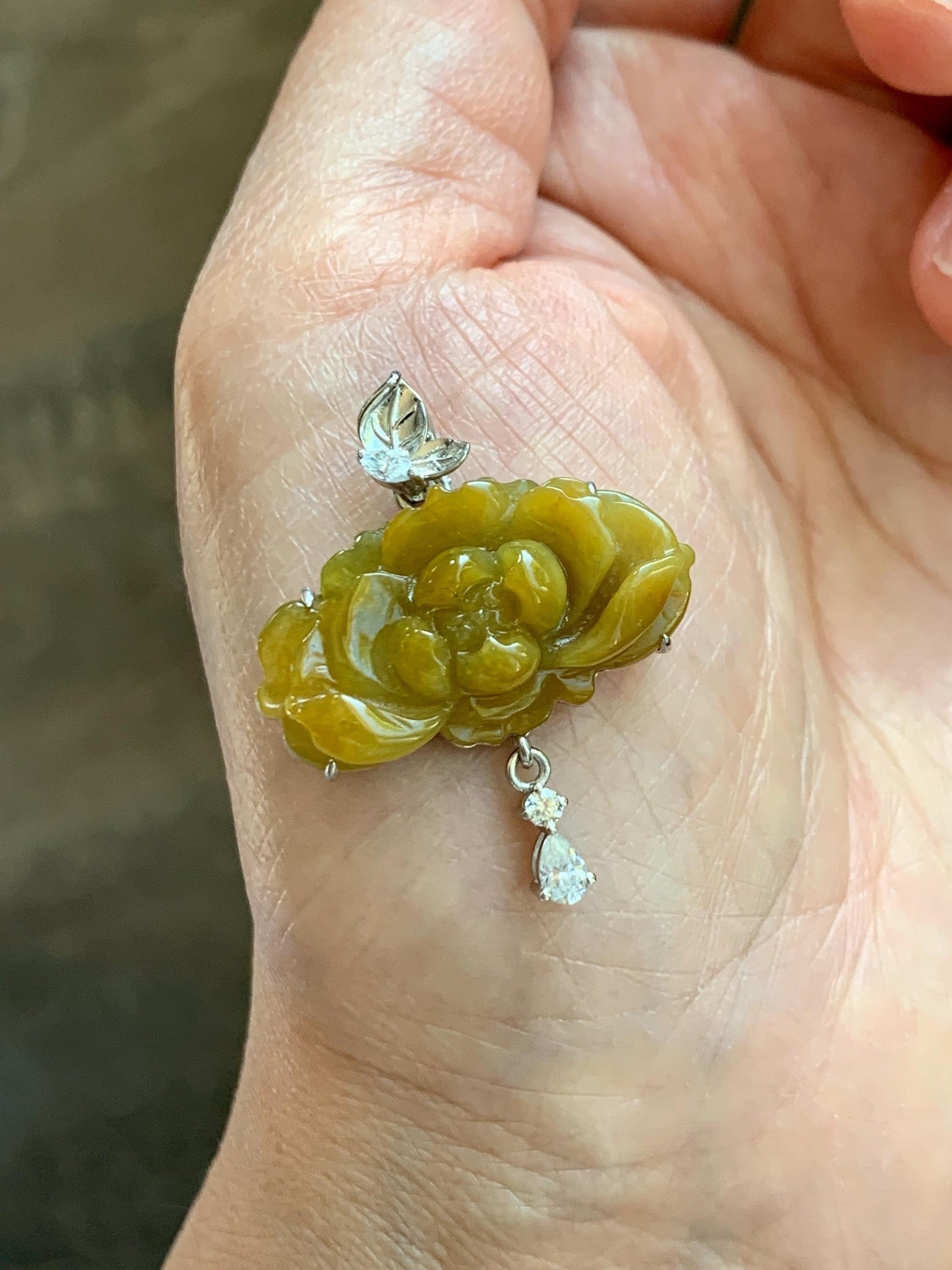 Certified Grade A Natural Guatemalan Icy Intense Yellow Jade Jadeite Lotus Flower Pendant Moissanite Sterling Silver 6.13g 天然冰危油黄翡翠莲花镶嵌吊坠240