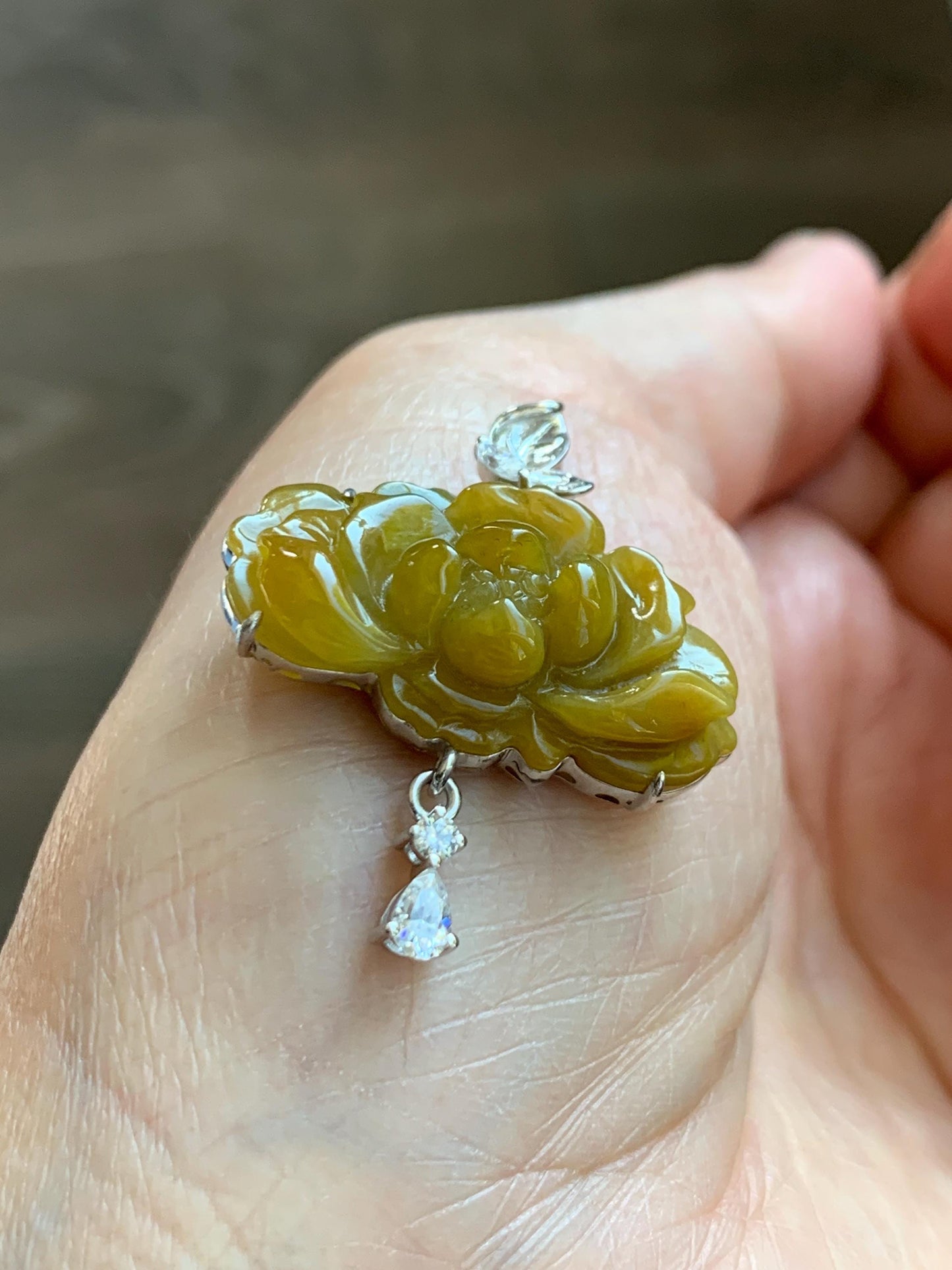 Certified Grade A Natural Guatemalan Icy Intense Yellow Jade Jadeite Lotus Flower Pendant Moissanite Sterling Silver 6.13g 天然冰危油黄翡翠莲花镶嵌吊坠240