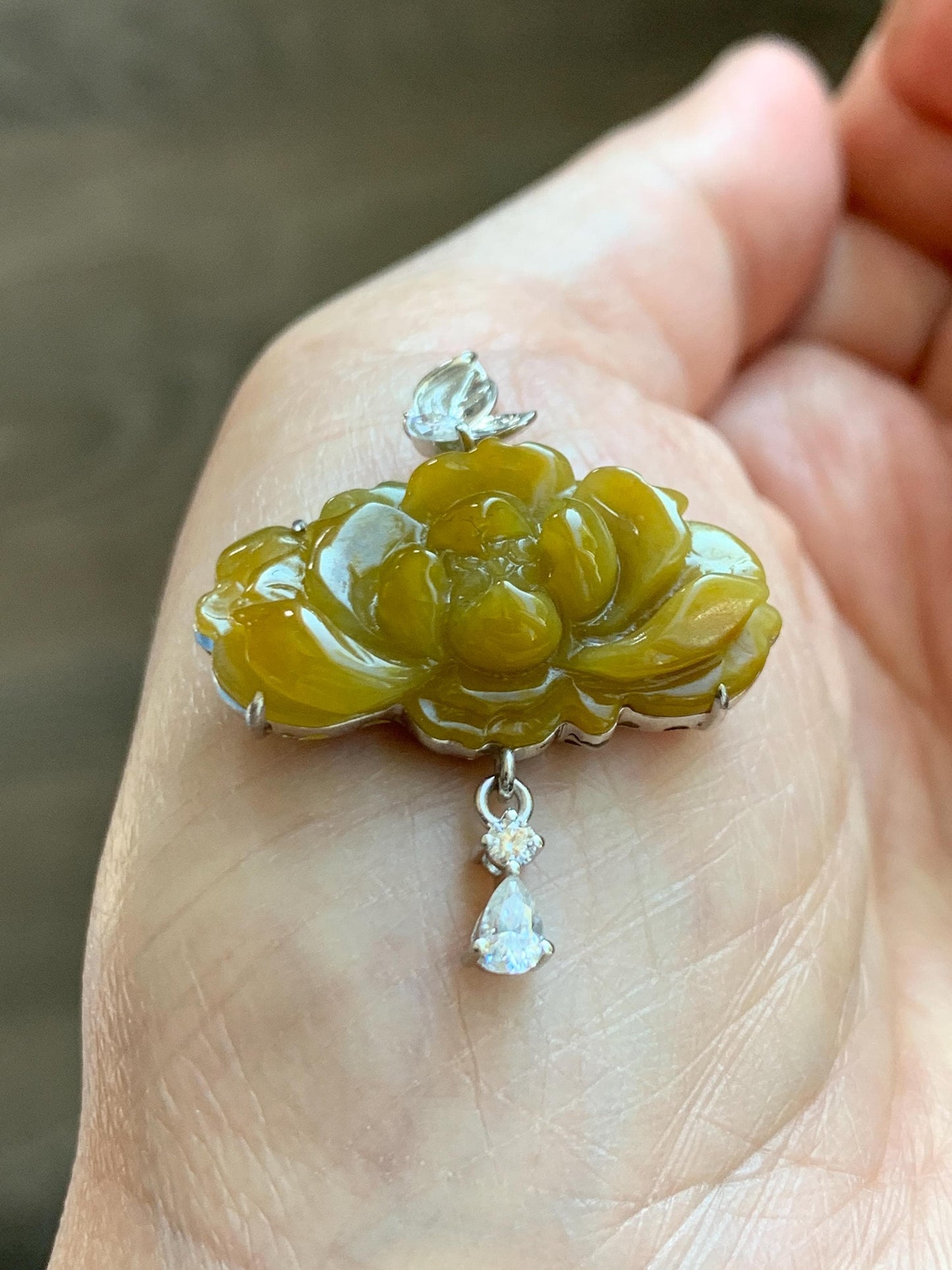 Certified Grade A Natural Guatemalan Icy Intense Yellow Jade Jadeite Lotus Flower Pendant Moissanite Sterling Silver 6.13g 天然冰危油黄翡翠莲花镶嵌吊坠240