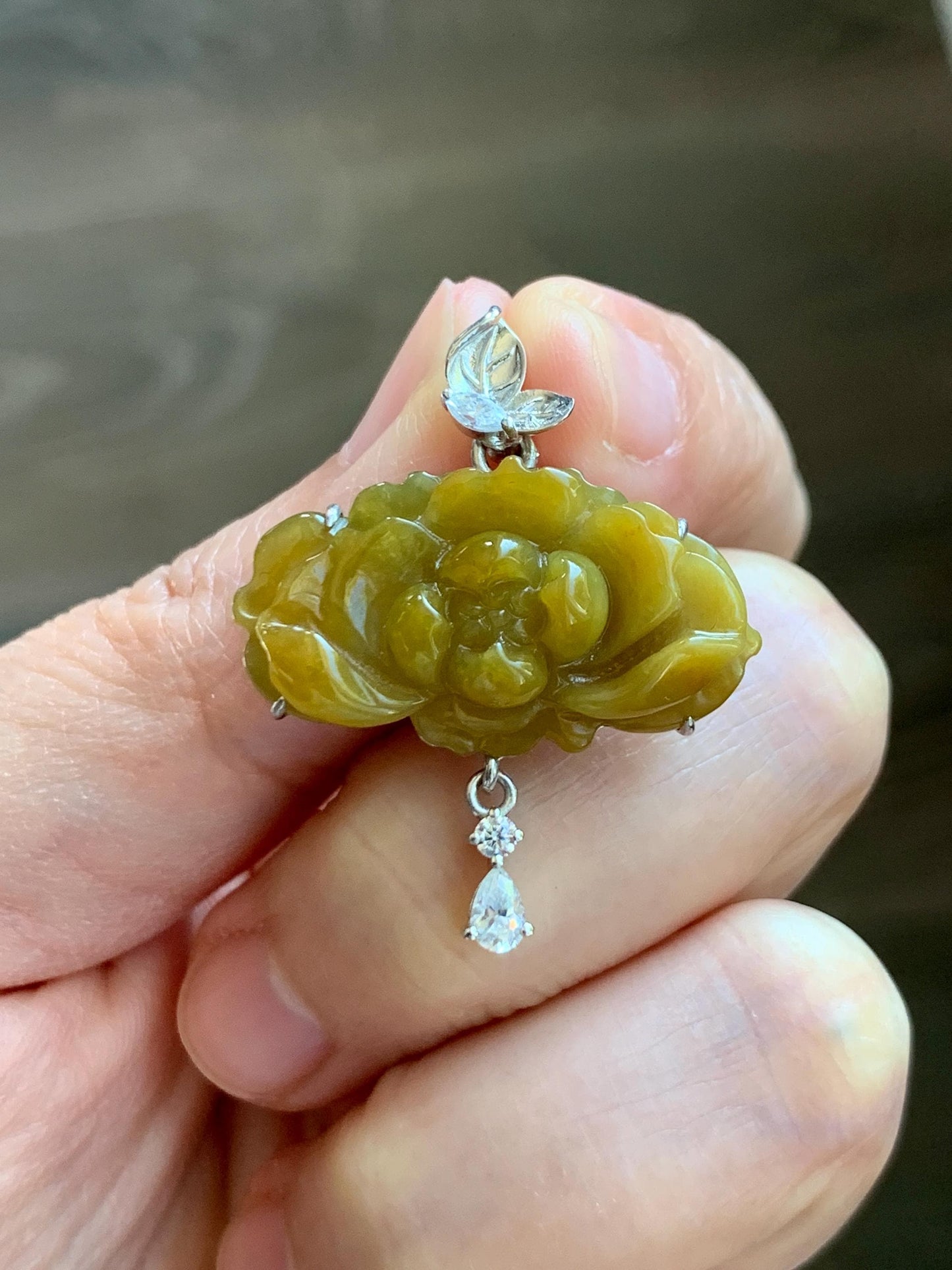 Certified Grade A Natural Guatemalan Icy Intense Yellow Jade Jadeite Lotus Flower Pendant Moissanite Sterling Silver 6.13g 天然冰危油黄翡翠莲花镶嵌吊坠240