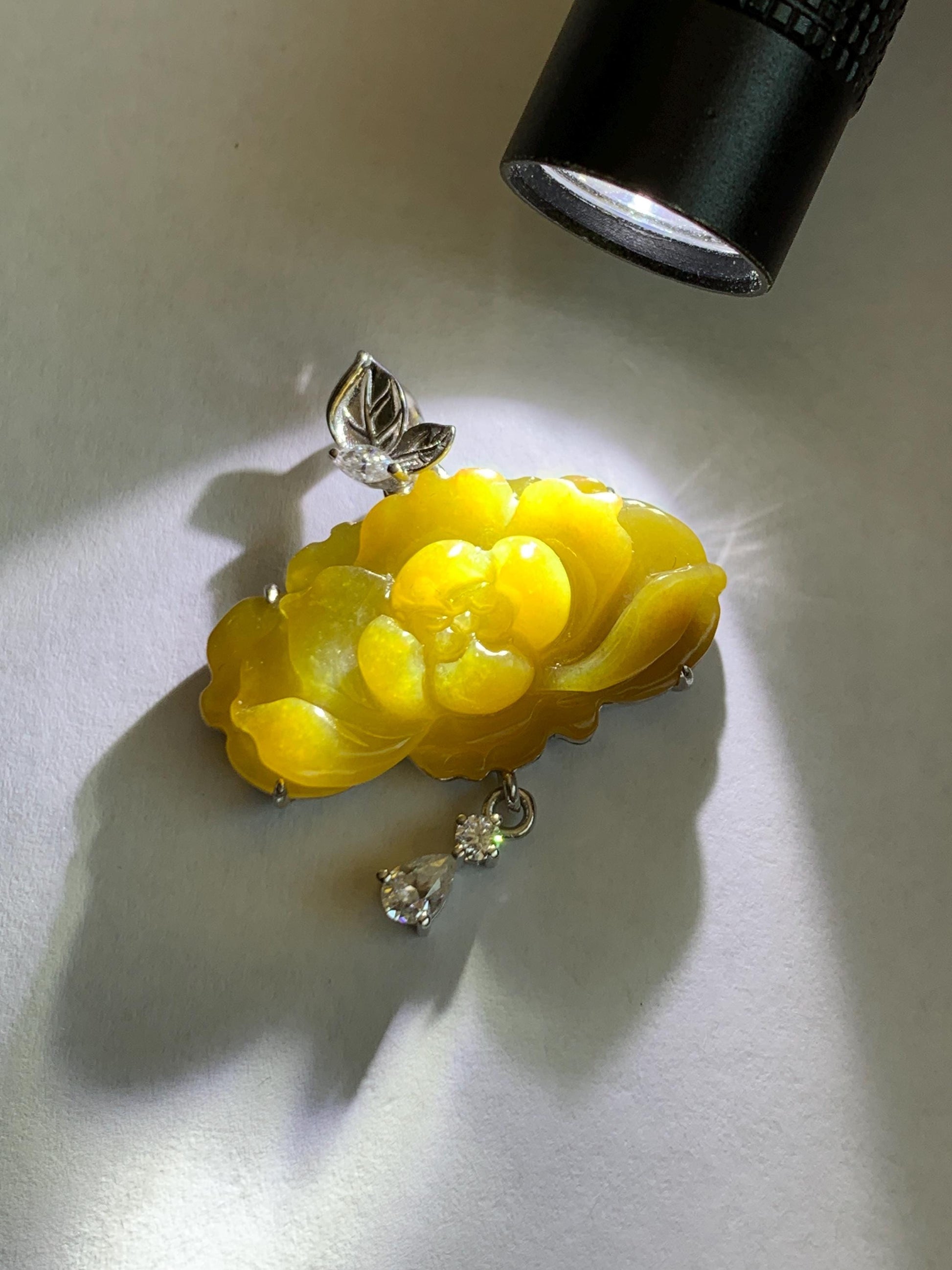 Certified Grade A Natural Guatemalan Icy Intense Yellow Jade Jadeite Lotus Flower Pendant Moissanite Sterling Silver 6.13g 天然冰危油黄翡翠莲花镶嵌吊坠240