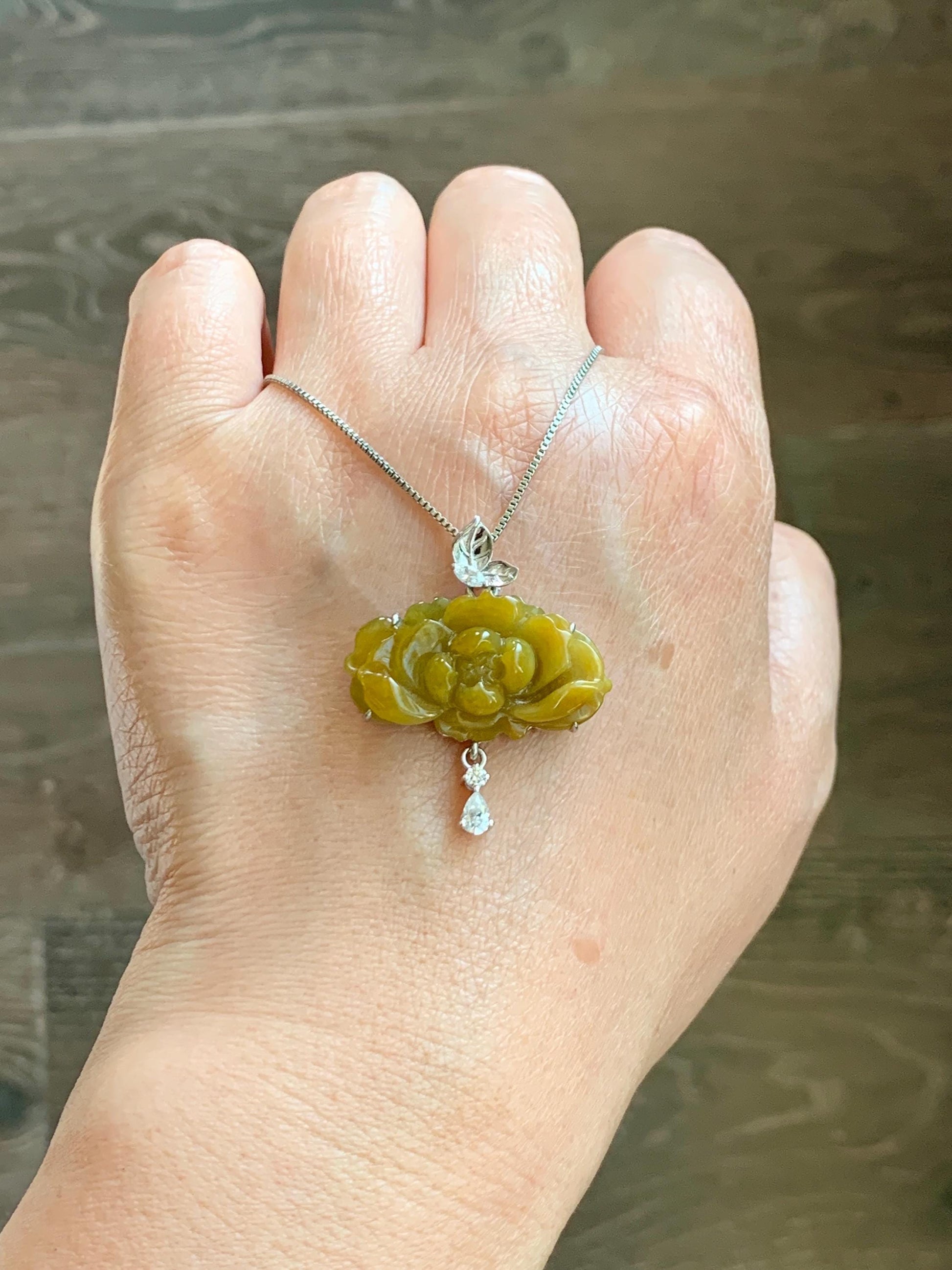Certified Grade A Natural Guatemalan Icy Intense Yellow Jade Jadeite Lotus Flower Pendant Moissanite Sterling Silver 6.13g 天然冰危油黄翡翠莲花镶嵌吊坠240