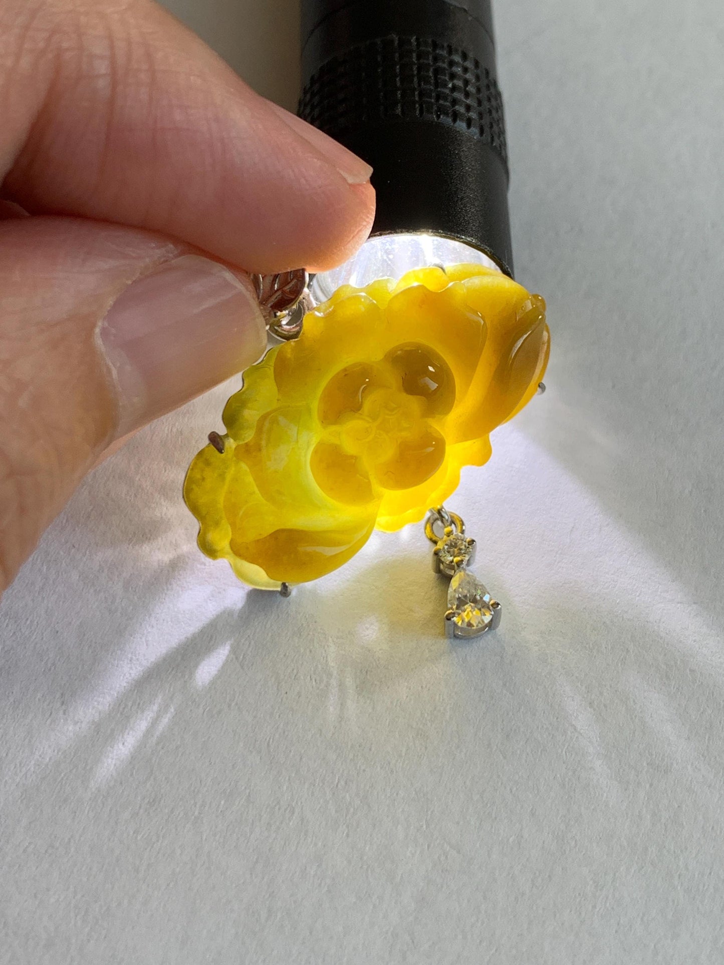 Certified Grade A Natural Guatemalan Icy Intense Yellow Jade Jadeite Lotus Flower Pendant Moissanite Sterling Silver 6.13g 天然冰危油黄翡翠莲花镶嵌吊坠240