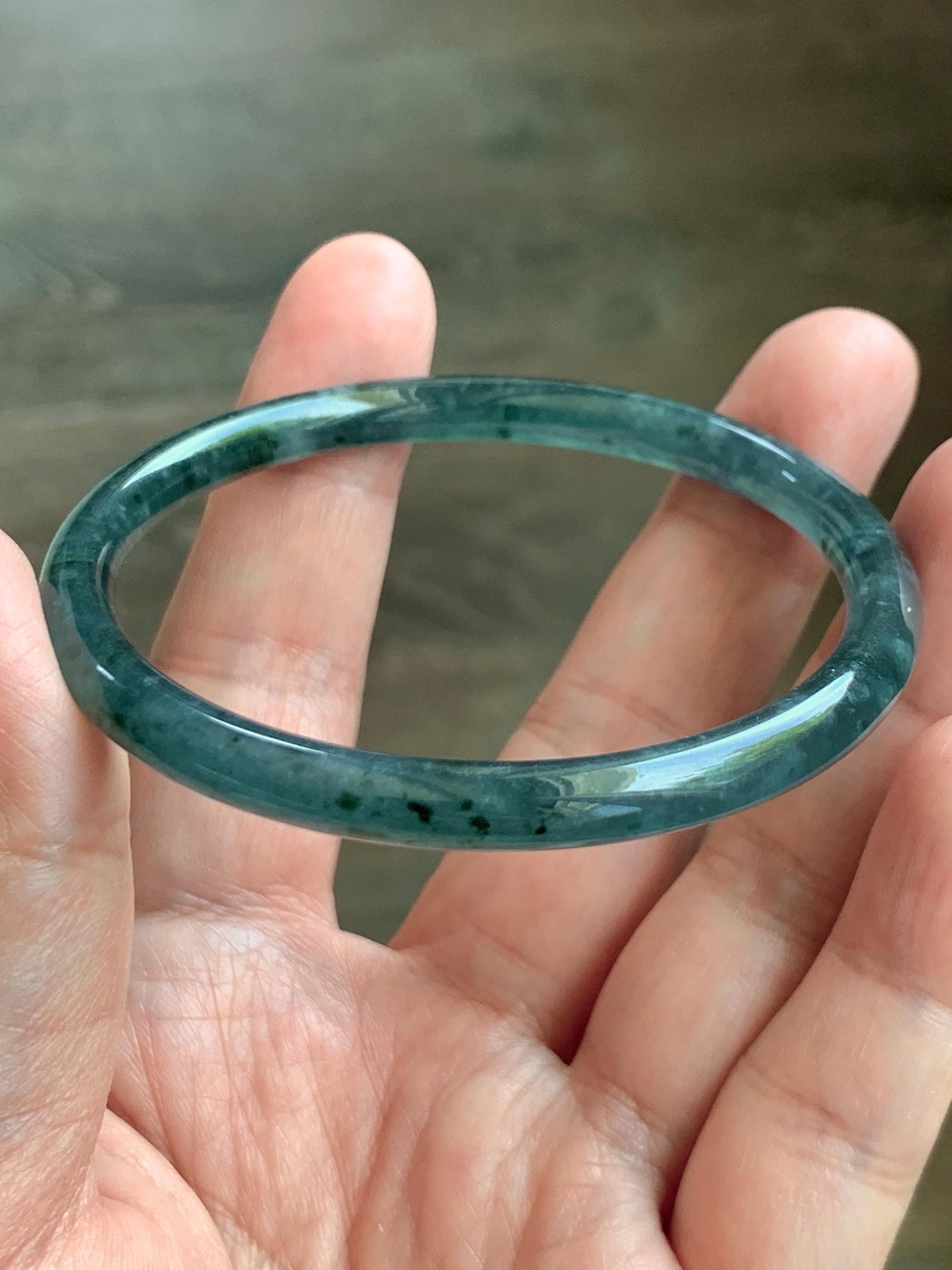 Certified Natural Grade A Guatemalan Icy Translucent Dark Teal Green Jade Jadeite Slim Bangle 55.35mm 6.84” 16.57g 天然冰胶危深蓝绿翡翠细圆条手镯 1190