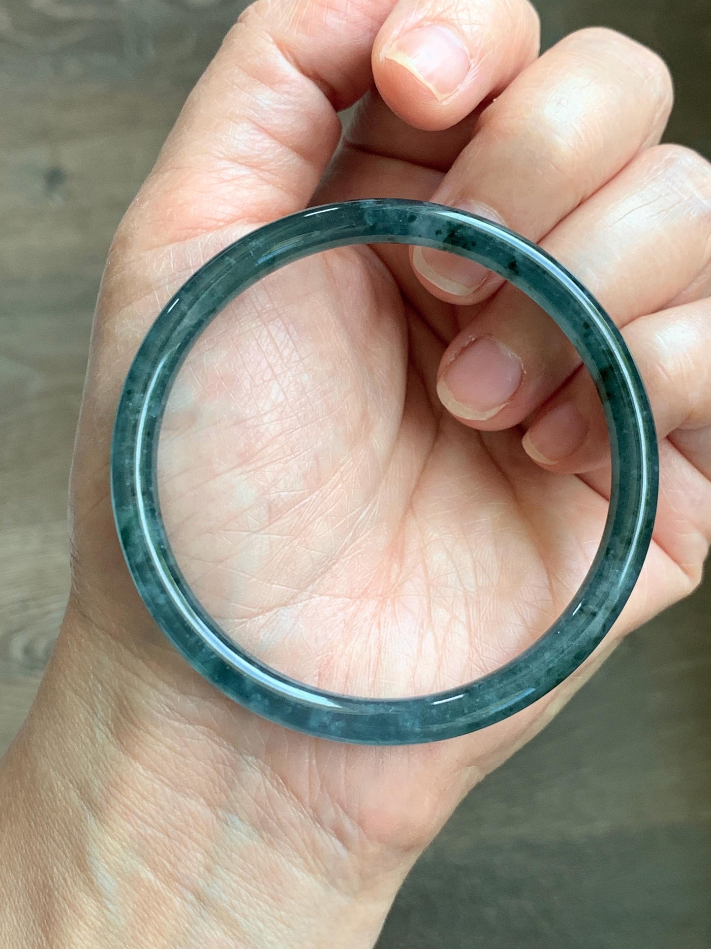Certified Natural Grade A Guatemalan Icy Translucent Dark Teal Green Jade Jadeite Slim Bangle 55.35mm 6.84” 16.57g 天然冰胶危深蓝绿翡翠细圆条手镯 1190