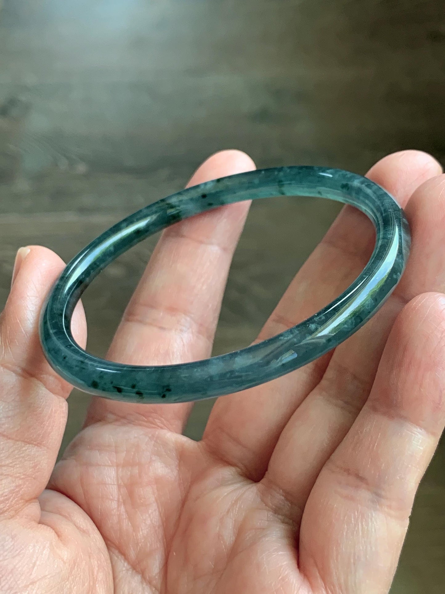 Certified Natural Grade A Guatemalan Icy Translucent Dark Teal Green Jade Jadeite Slim Bangle 55.35mm 6.84” 16.57g 天然冰胶危深蓝绿翡翠细圆条手镯 1190