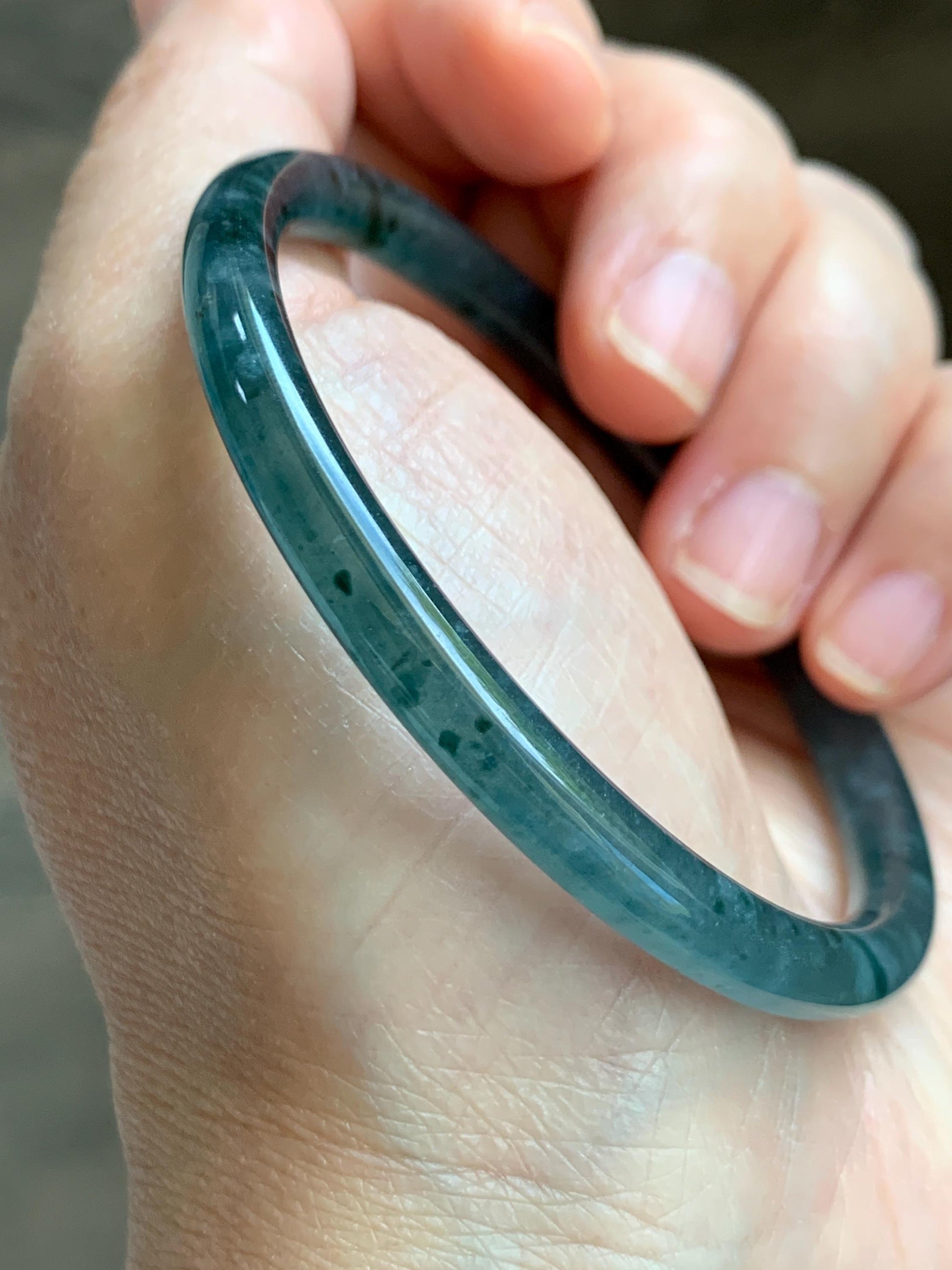 Certified Natural Grade A Guatemalan Icy Translucent Dark Teal Green Jade Jadeite Slim Bangle 55.35mm 6.84” 16.57g 天然冰胶危深蓝绿翡翠细圆条手镯 1190