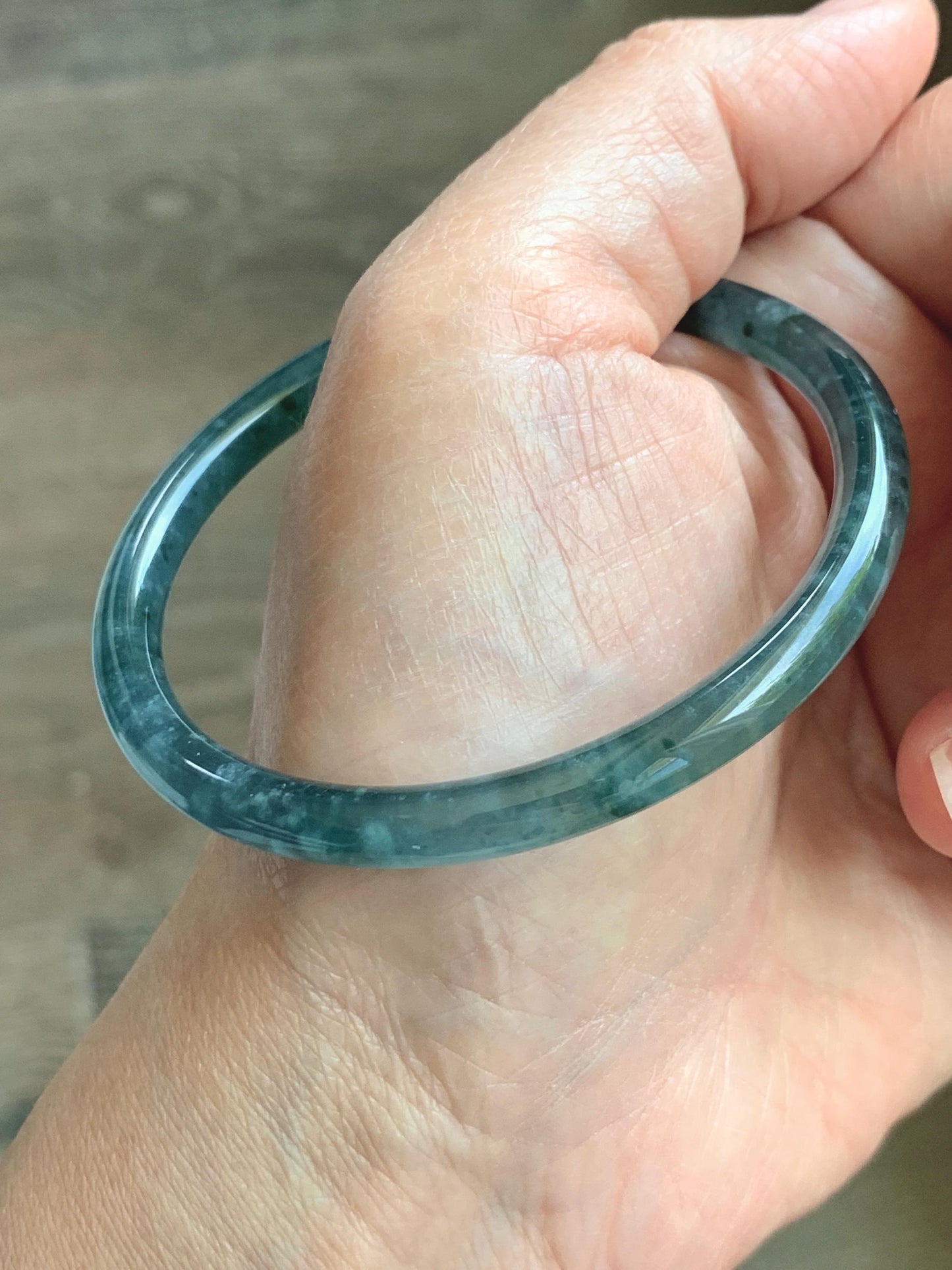 Certified Natural Grade A Guatemalan Icy Translucent Dark Teal Green Jade Jadeite Slim Bangle 55.35mm 6.84” 16.57g 天然冰胶危深蓝绿翡翠细圆条手镯 1190