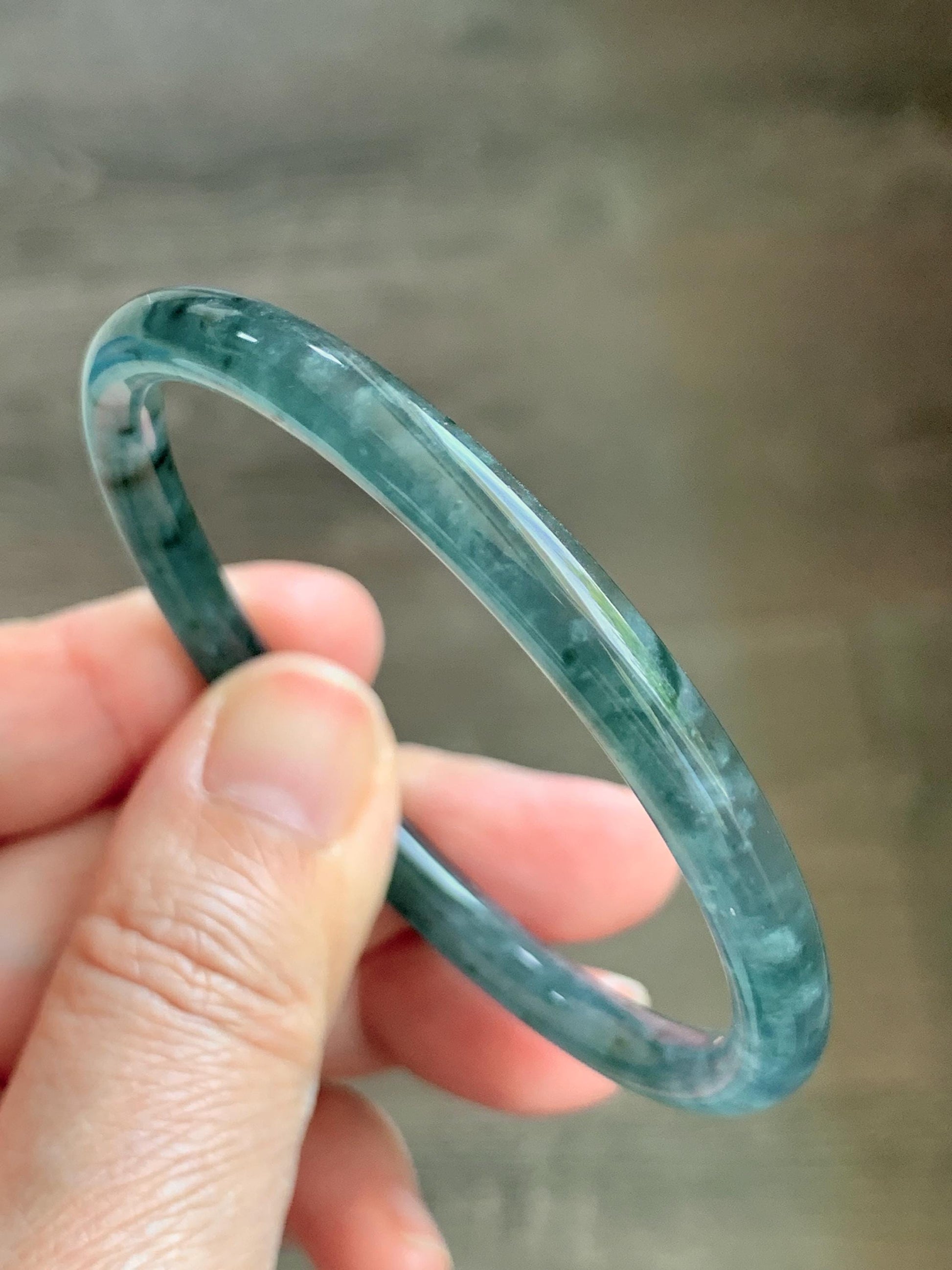 Certified Natural Grade A Guatemalan Icy Translucent Dark Teal Green Jade Jadeite Slim Bangle 55.35mm 6.84” 16.57g 天然冰胶危深蓝绿翡翠细圆条手镯 1190