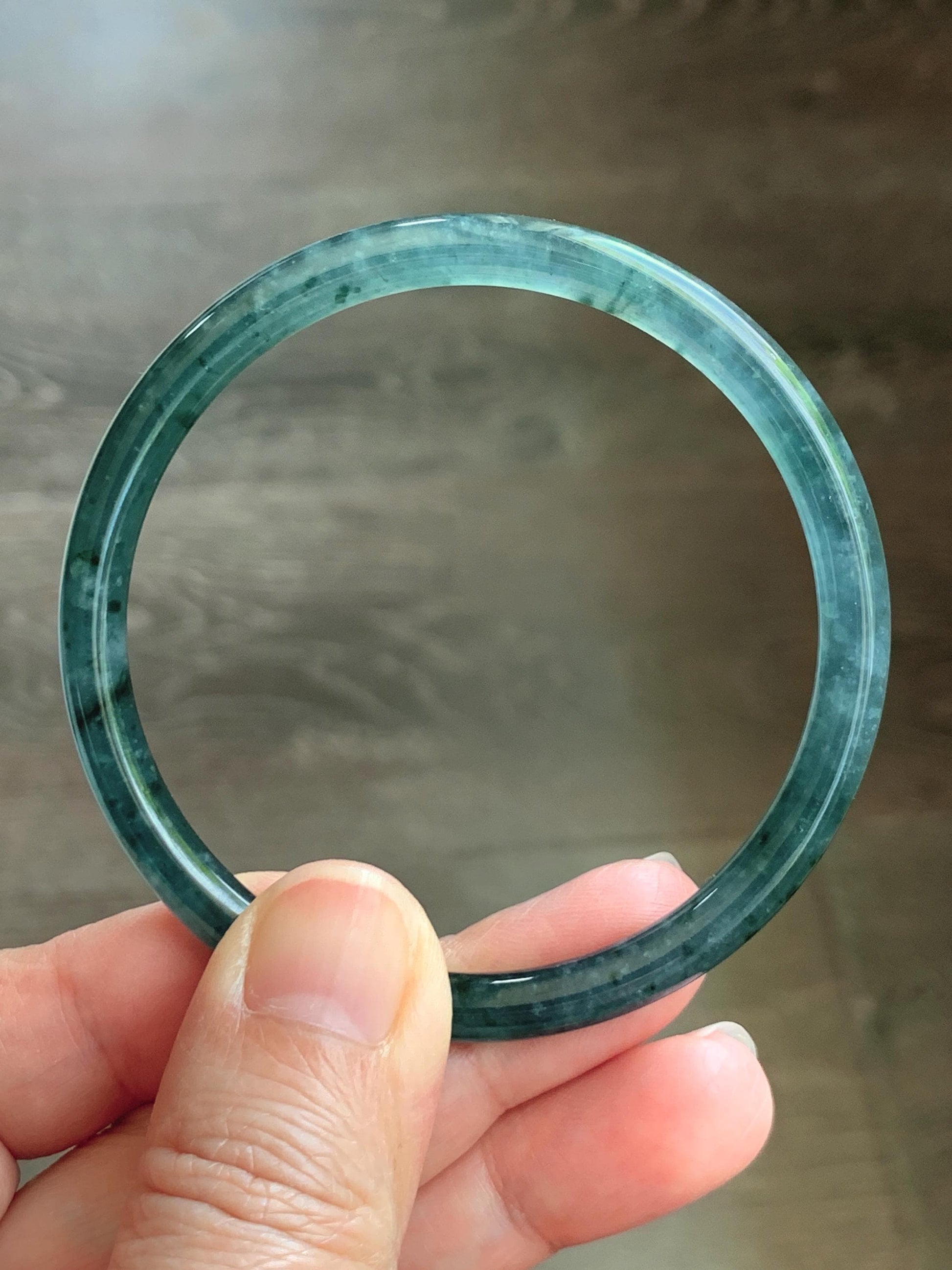 Certified Natural Grade A Guatemalan Icy Translucent Dark Teal Green Jade Jadeite Slim Bangle 55.35mm 6.84” 16.57g 天然冰胶危深蓝绿翡翠细圆条手镯 1190