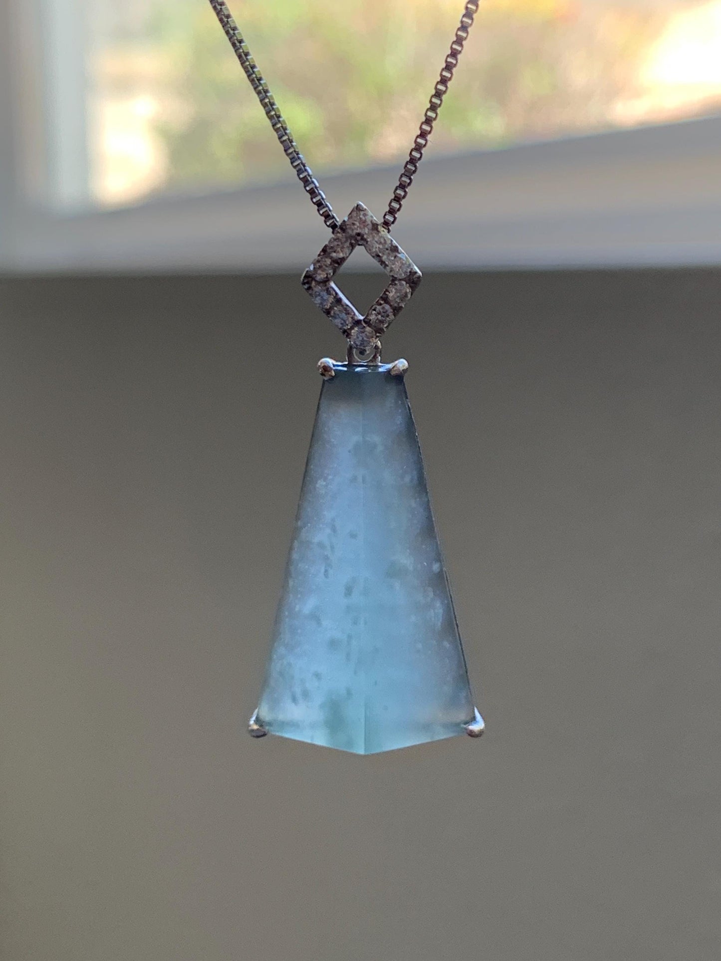 Certified Natural Grade A Guatemalan Icy Light Teal Jadeite Triangular Pillar Pendant Moissanite Sterling Silver 4.18g 天然高冰危浅蓝翡翠三角柱银镶吊坠 243