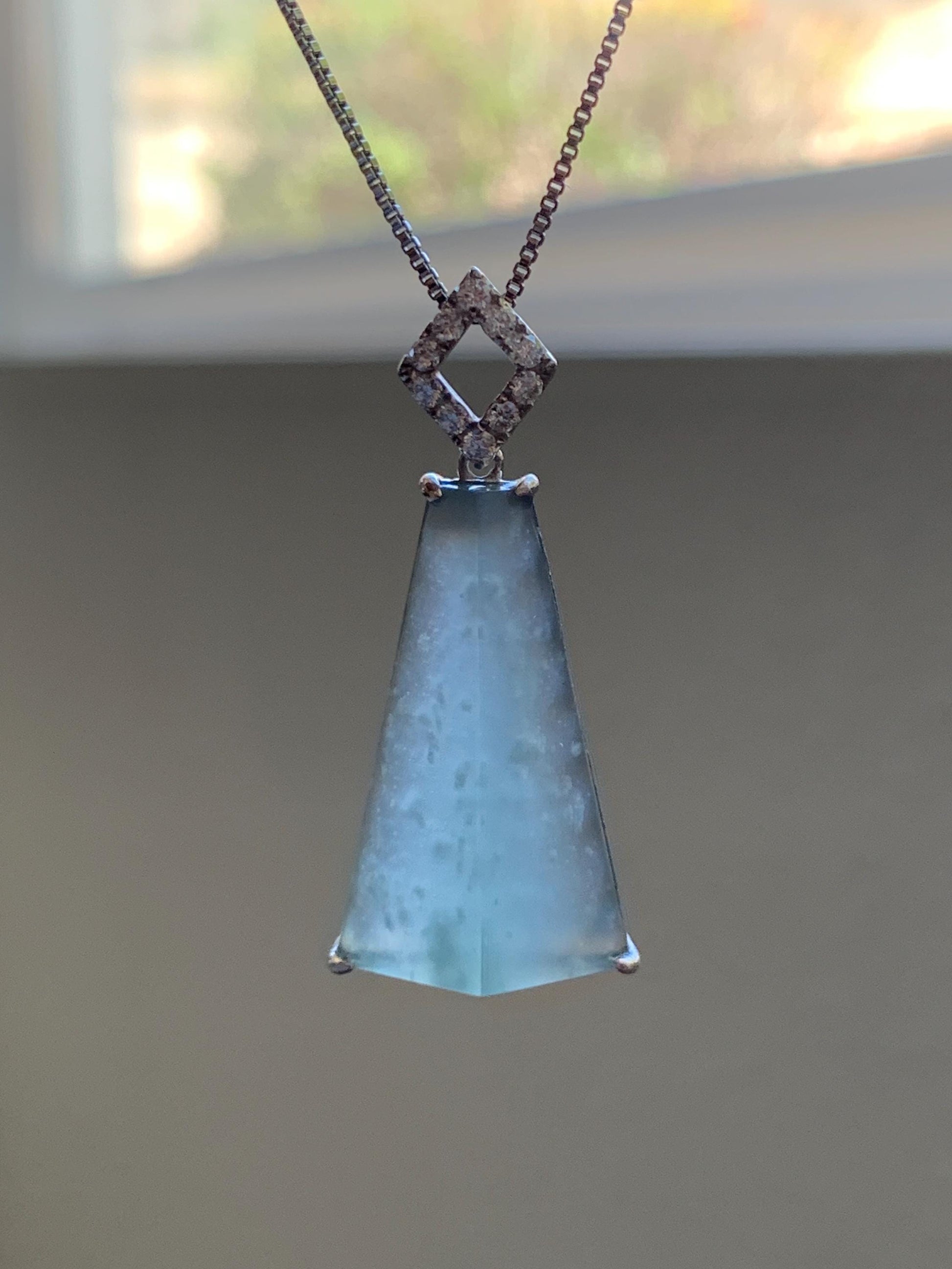 Certified Natural Grade A Guatemalan Icy Light Teal Jadeite Triangular Pillar Pendant Moissanite Sterling Silver 4.18g 天然高冰危浅蓝翡翠三角柱银镶吊坠 243