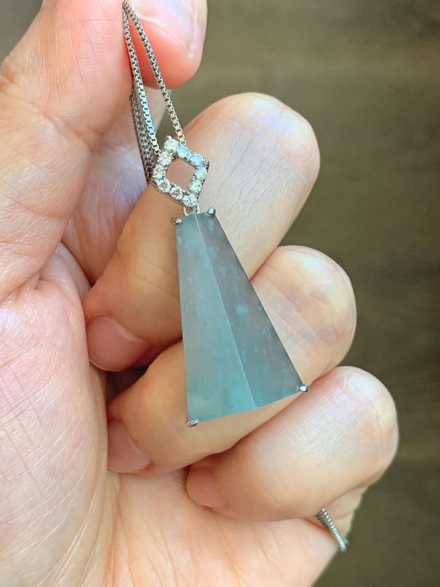 Certified Natural Grade A Guatemalan Icy Light Teal Jadeite Triangular Pillar Pendant Moissanite Sterling Silver 4.18g 天然高冰危浅蓝翡翠三角柱银镶吊坠 243